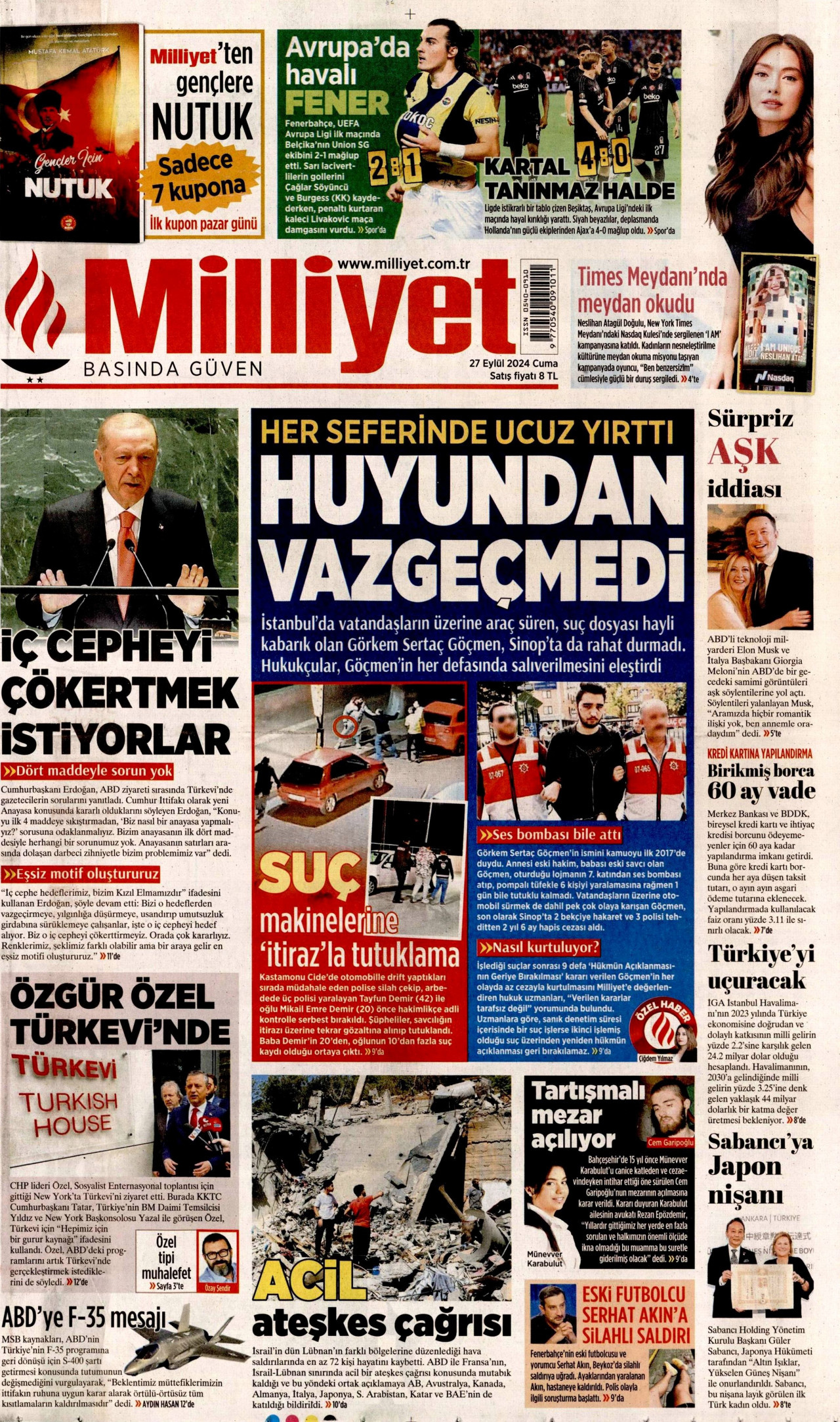 MİLLİYET gazetesinin 27 Eylül 2024 tarihli birinci sayfası