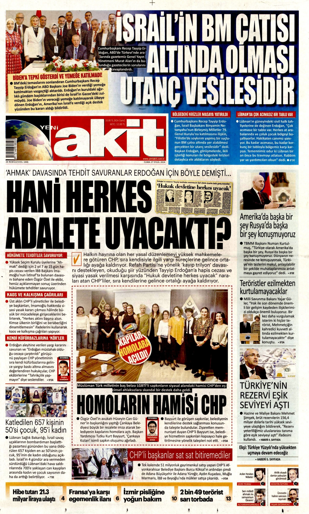 YENİ AKİT gazetesinin 27 Eylül 2024 tarihli birinci sayfası