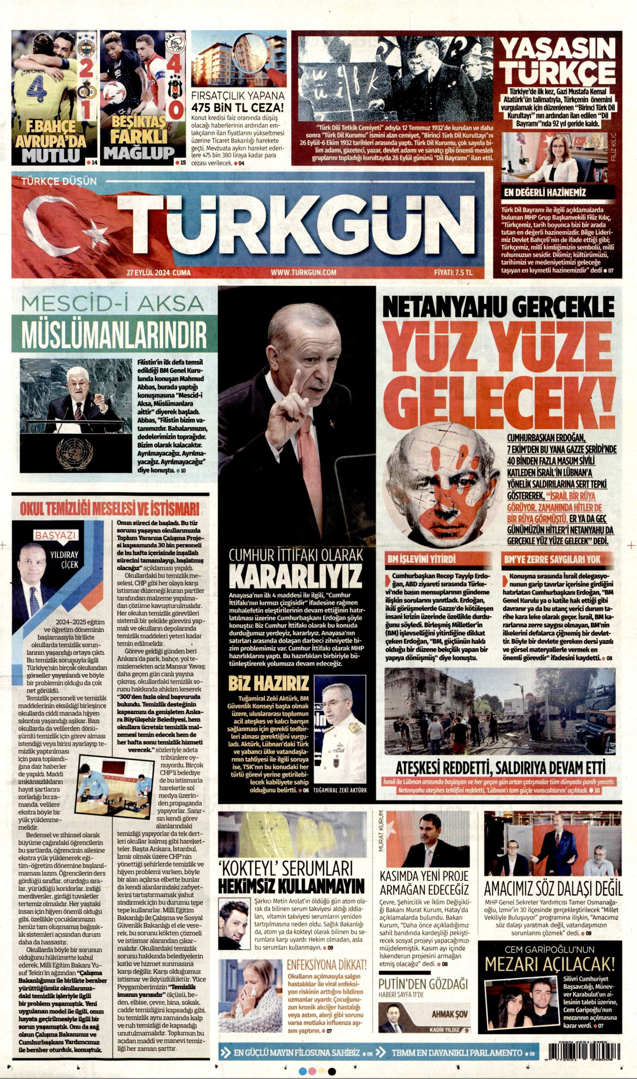 TÜRKGÜN gazetesinin 27 Eylül 2024 tarihli birinci sayfası