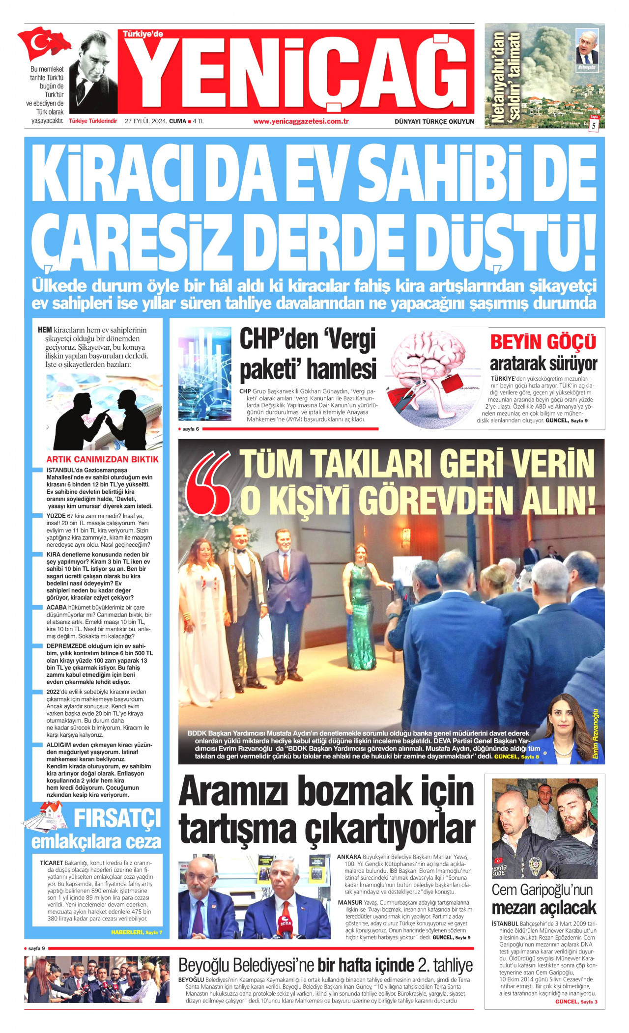 YENİÇAĞ gazetesinin 27 Eylül 2024 tarihli birinci sayfası