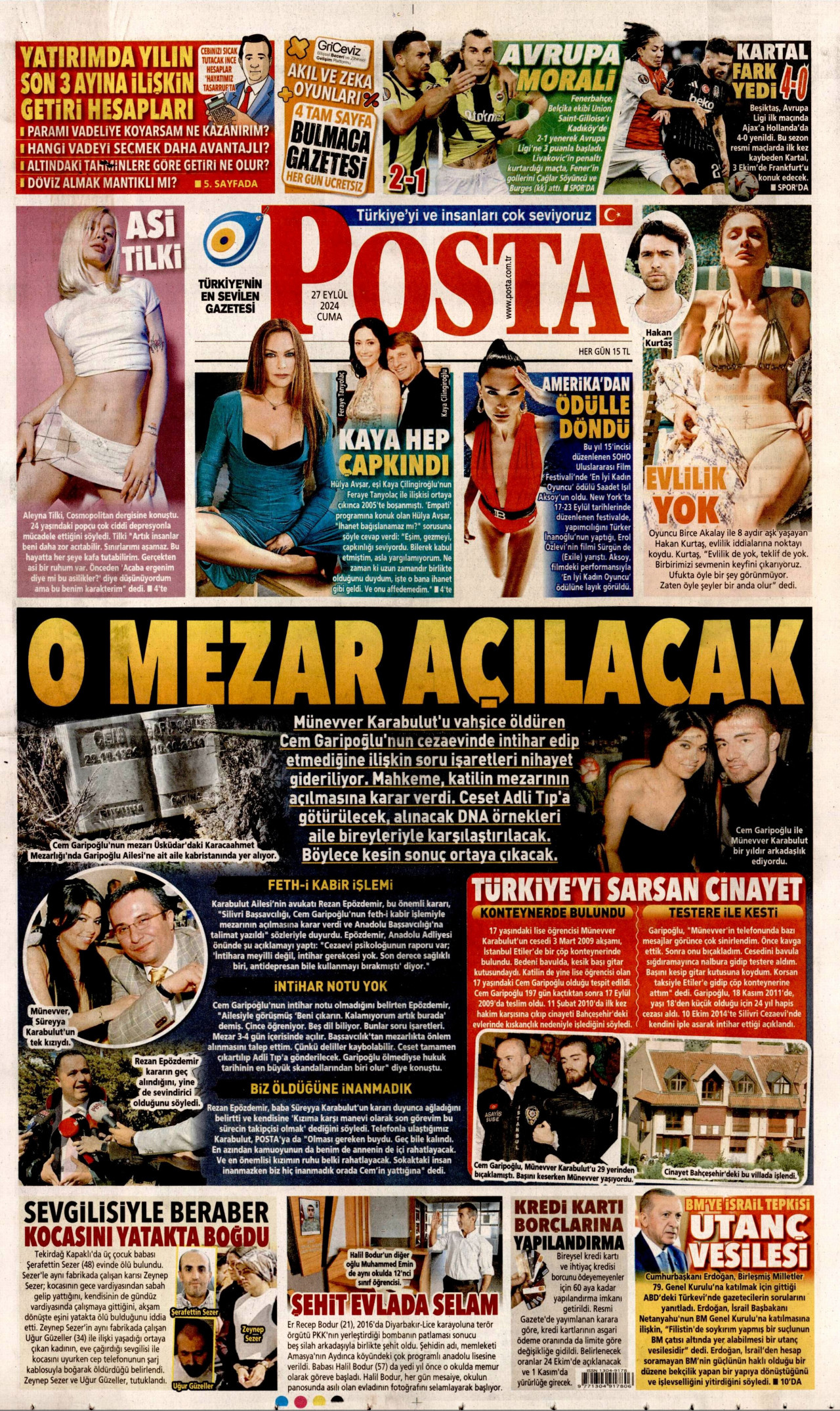 POSTA gazetesinin 27 Eylül 2024 tarihli birinci sayfası