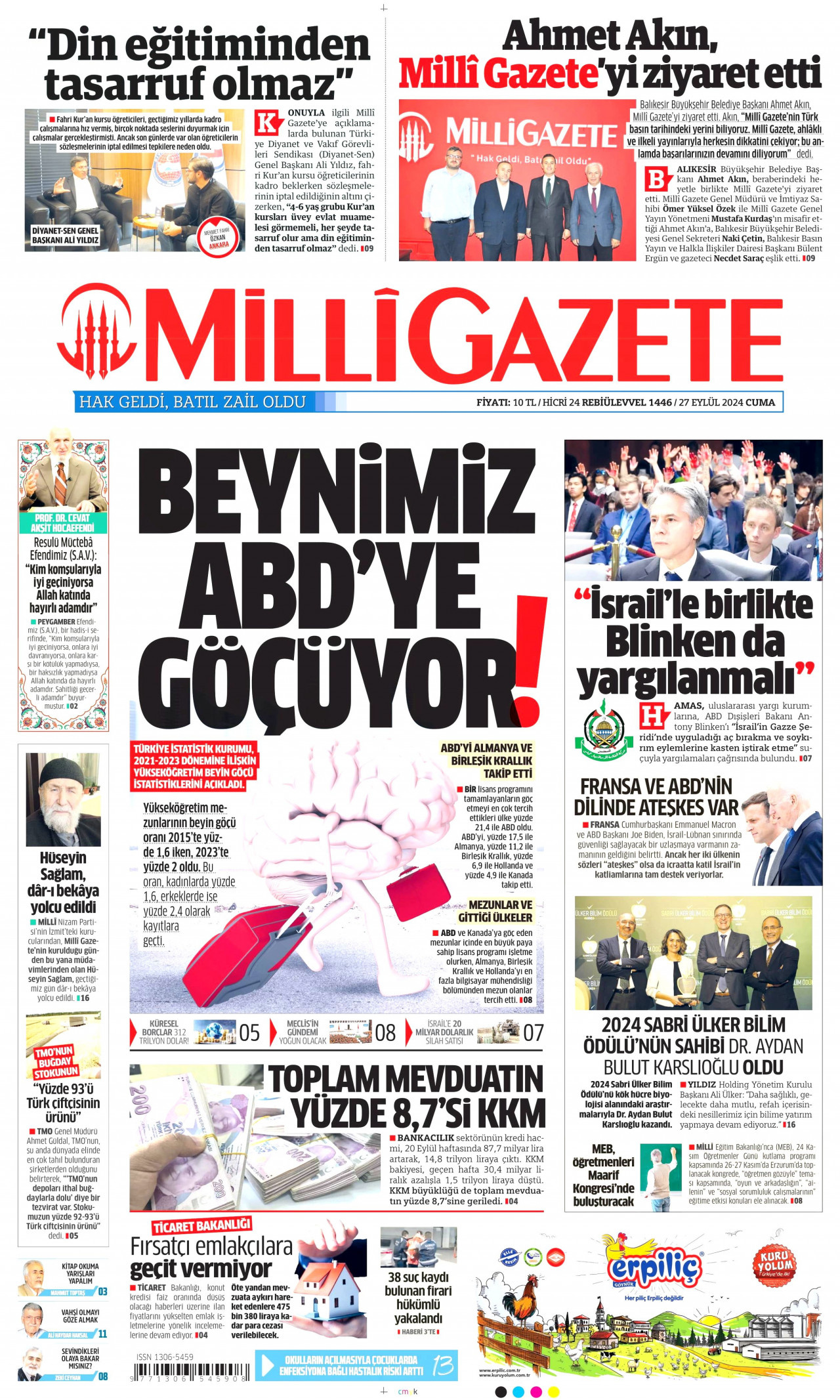 MİLLİ GAZETE gazetesinin 27 Eylül 2024 tarihli birinci sayfası
