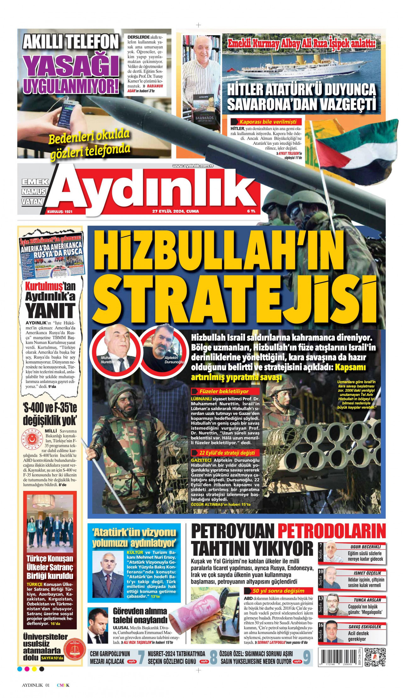 AYDINLIK GAZETESİ gazetesinin 27 Eylül 2024 tarihli birinci sayfası