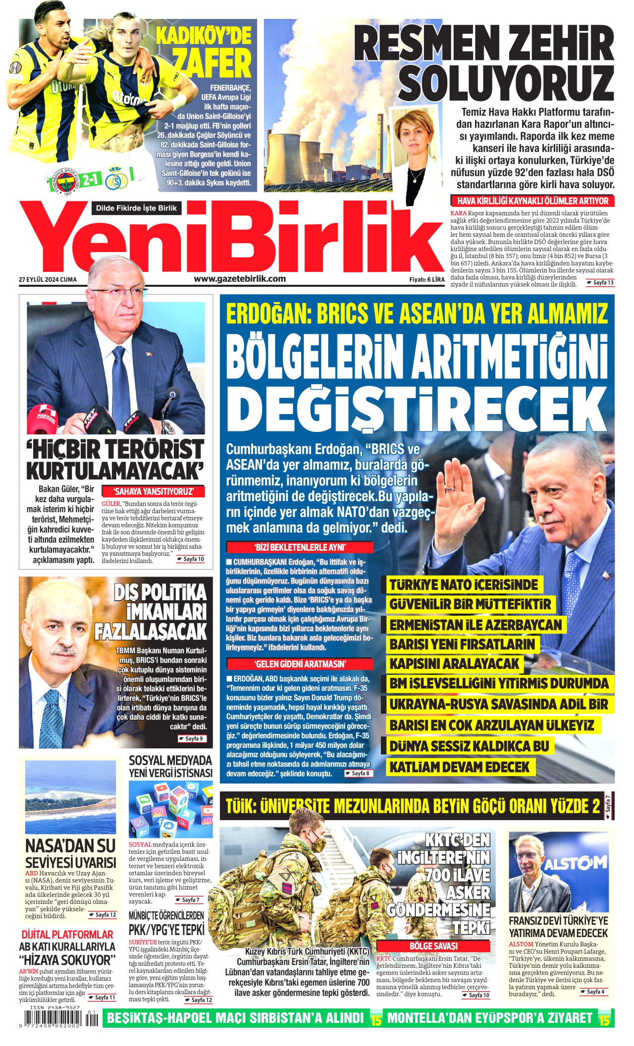 YENİBİRLİK gazetesinin 27 Eylül 2024 tarihli birinci sayfası