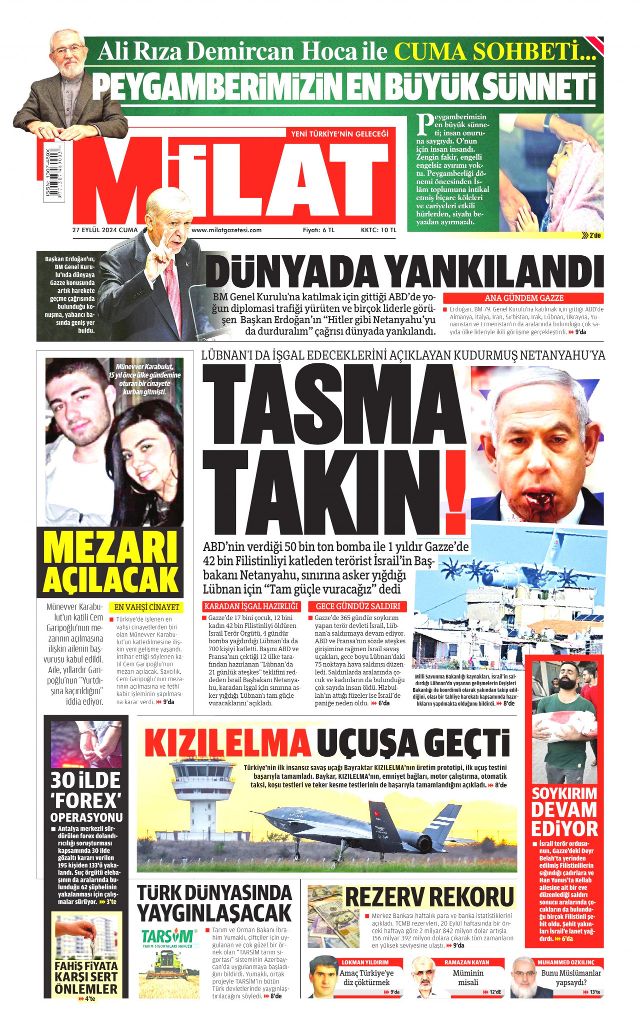 MİLAT gazetesinin 27 Eylül 2024 tarihli birinci sayfası