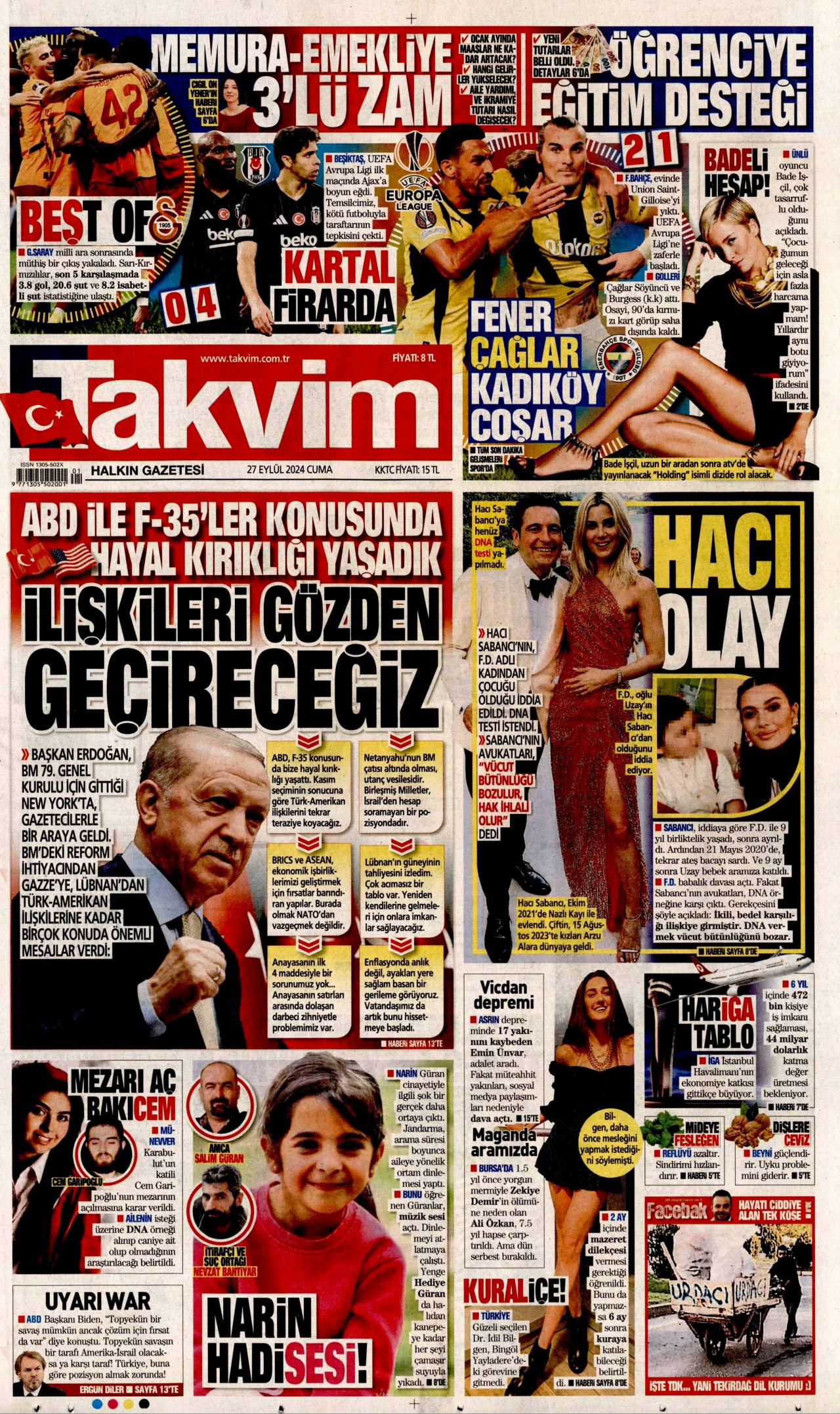 TAKVİM gazetesinin 27 Eylül 2024 tarihli birinci sayfası