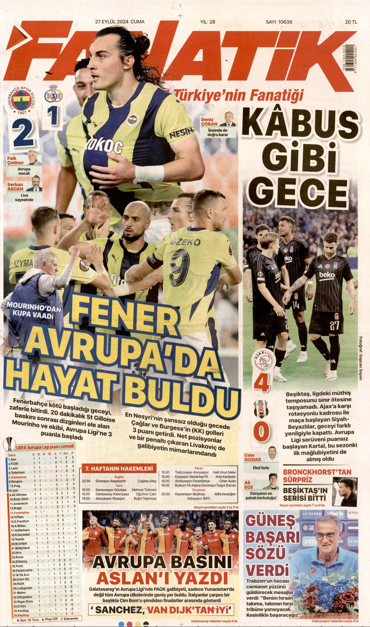 FANATİK gazetesinin 27 Eylül 2024 tarihli birinci sayfası