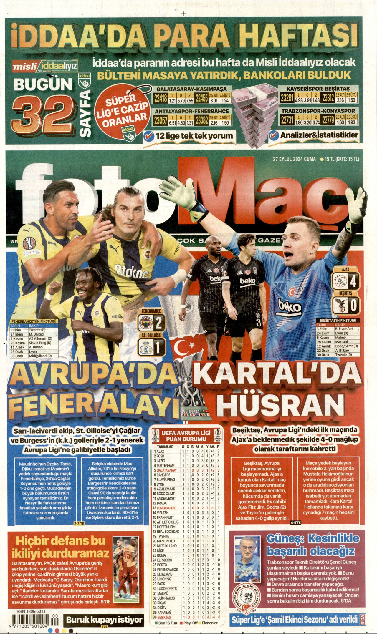 FOTOMAÇ gazetesinin 27 Eylül 2024 tarihli birinci sayfası