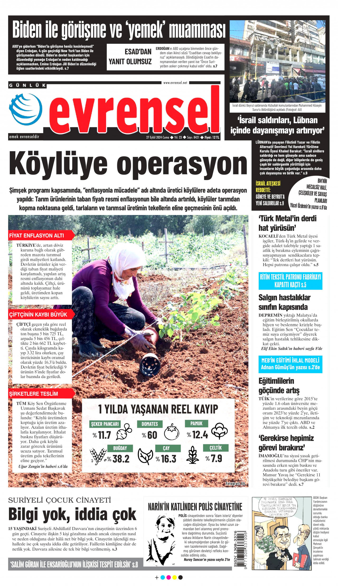 EVRENSEL gazetesinin 27 Eylül 2024 tarihli birinci sayfası