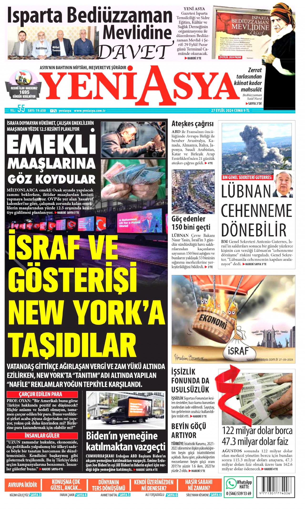YENİ ASYA gazetesinin 27 Eylül 2024 tarihli birinci sayfası