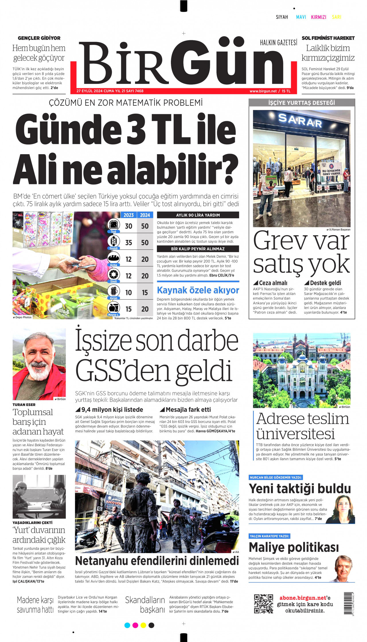 BİRGÜN gazetesinin 27 Eylül 2024 tarihli birinci sayfası