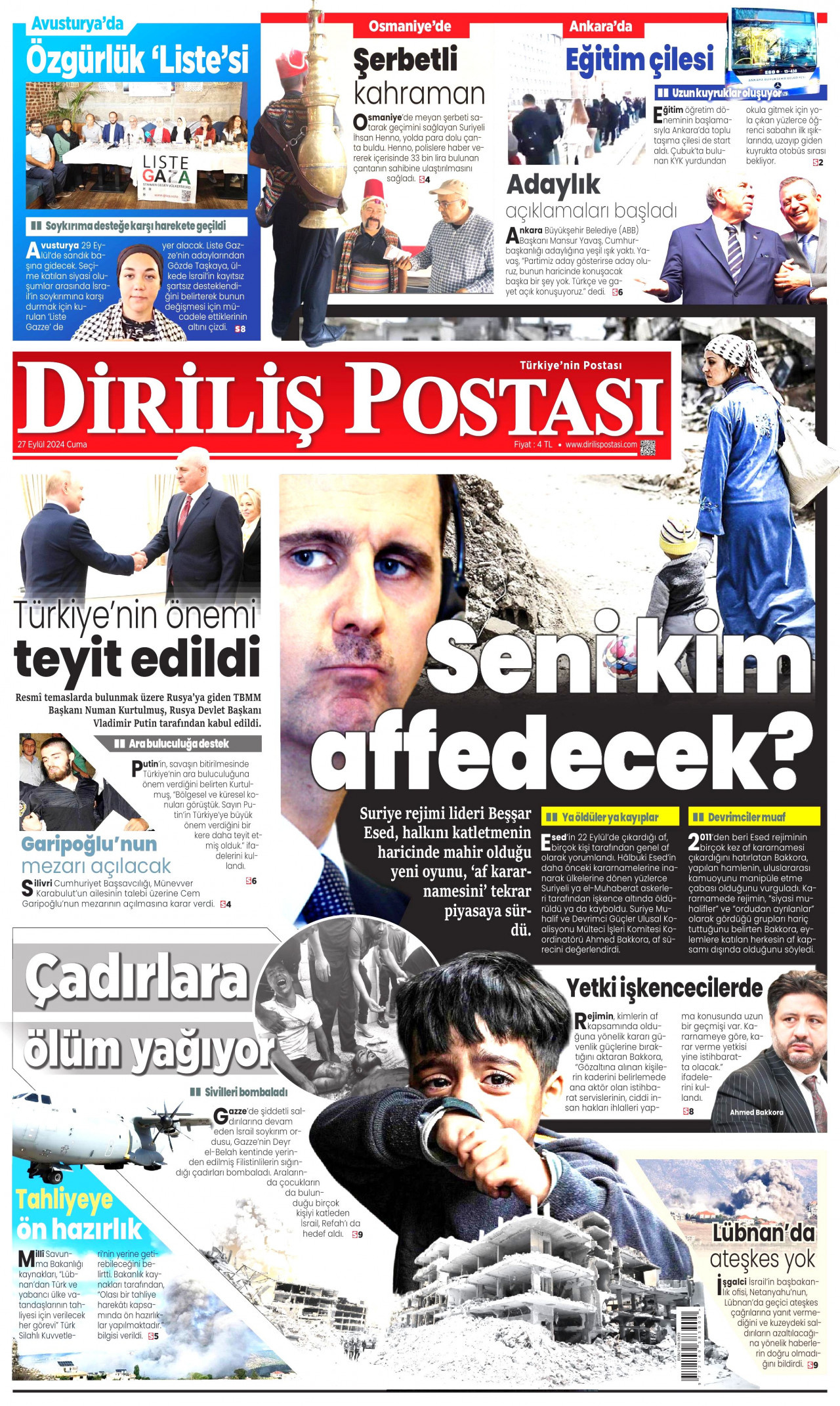 DİRİLİŞ POSTASI gazetesinin 27 Eylül 2024 tarihli birinci sayfası