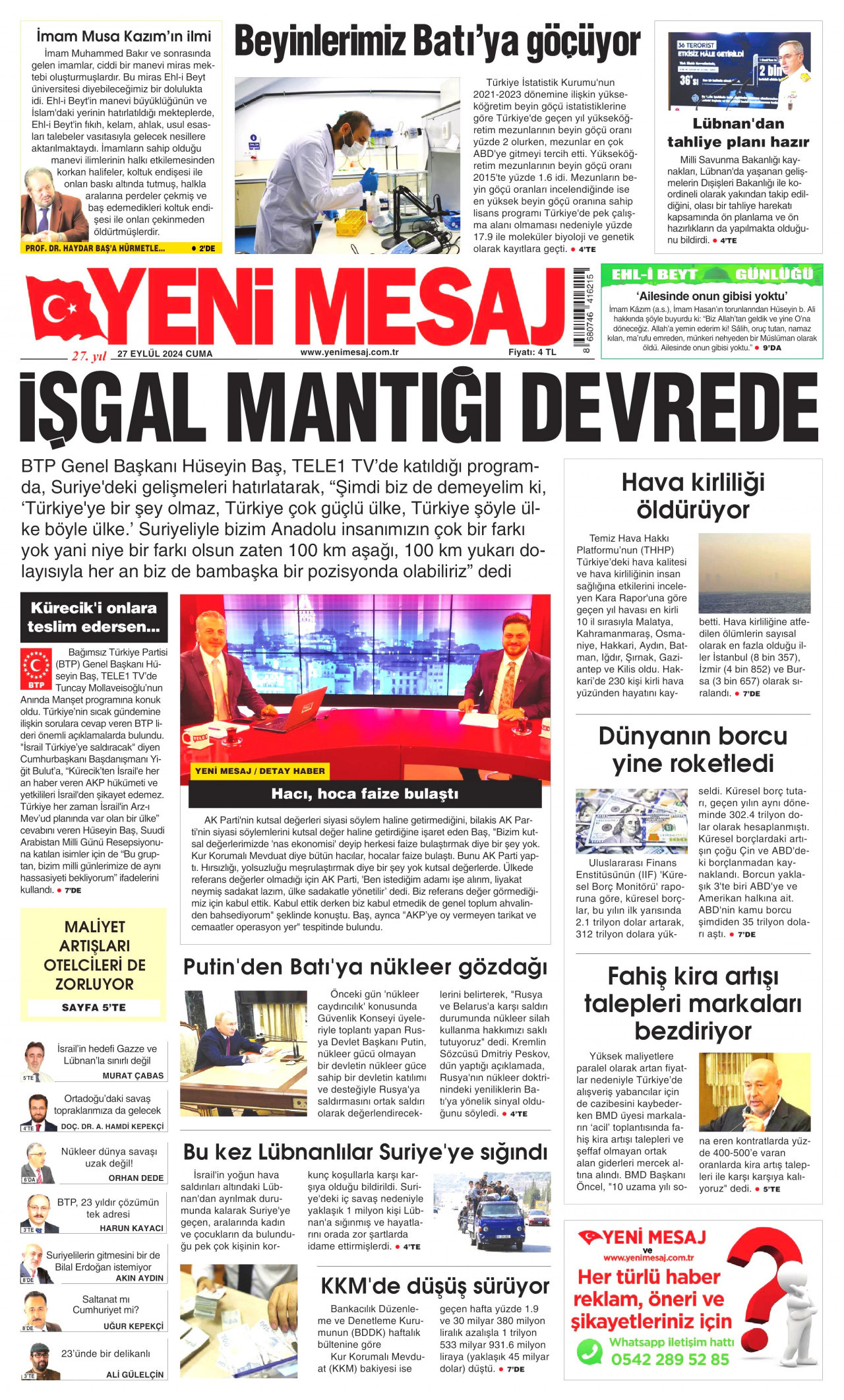 YENİ MESAJ gazetesinin 27 Eylül 2024 tarihli birinci sayfası