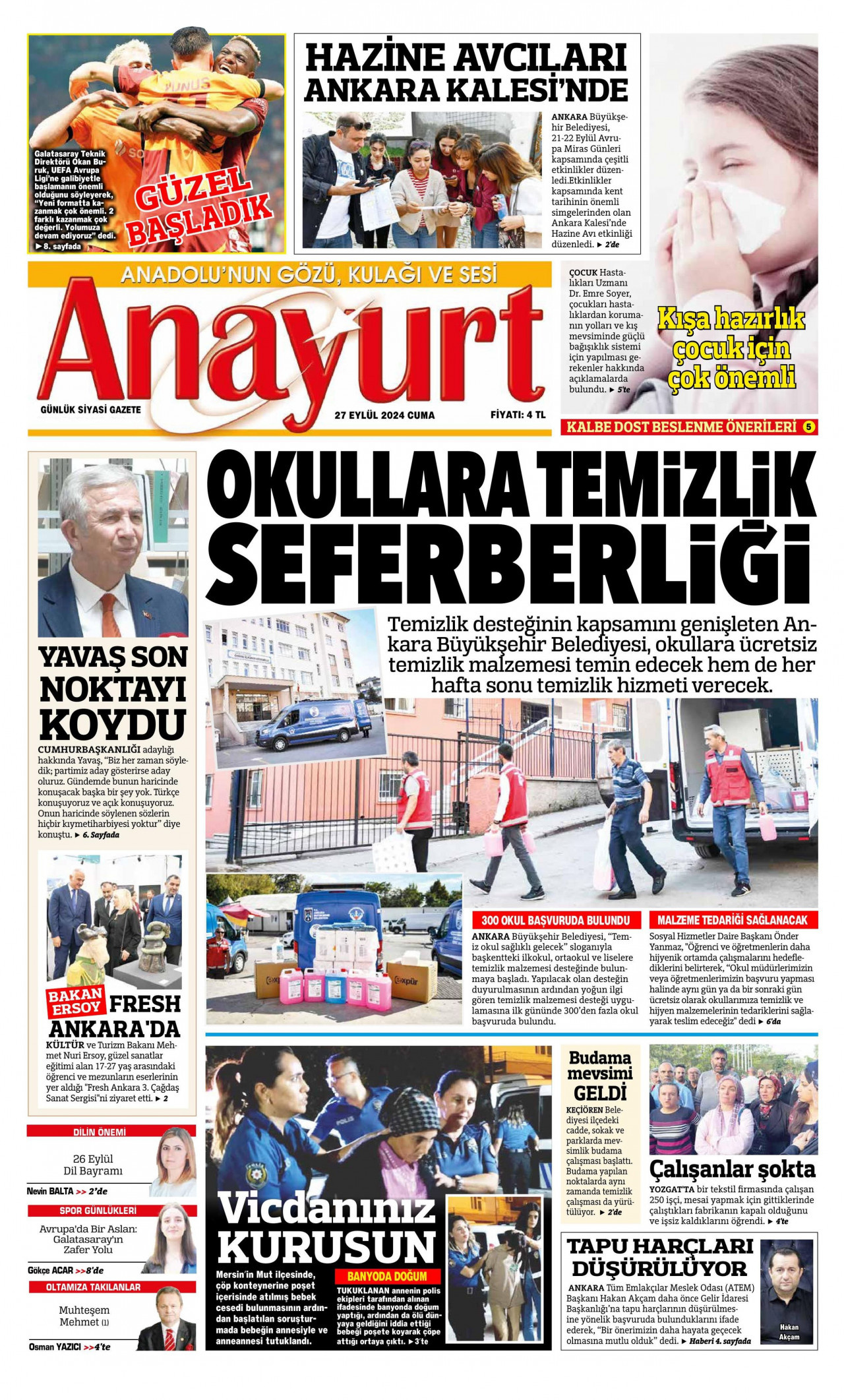 ANAYURT gazetesinin 27 Eylül 2024 tarihli birinci sayfası