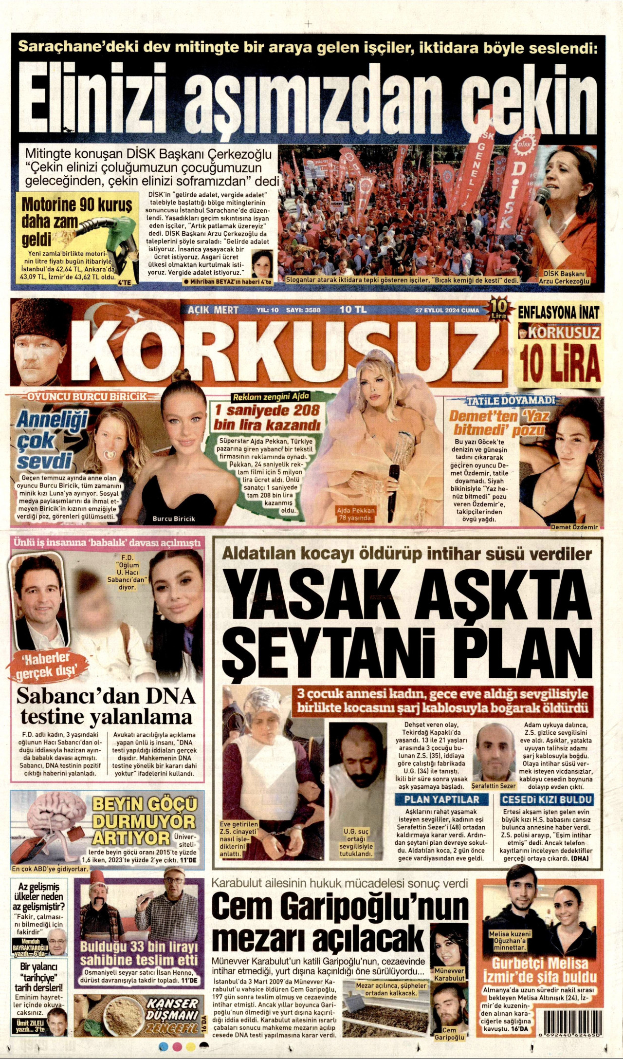 KORKUSUZ gazetesinin 27 Eylül 2024 tarihli birinci sayfası
