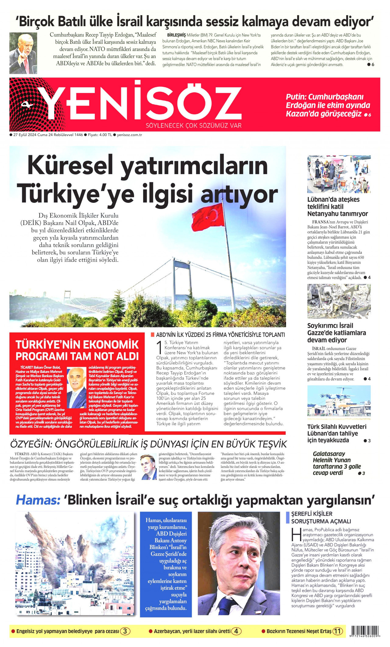 YENİ SÖZ GAZETESİ gazetesinin 27 Eylül 2024 tarihli birinci sayfası
