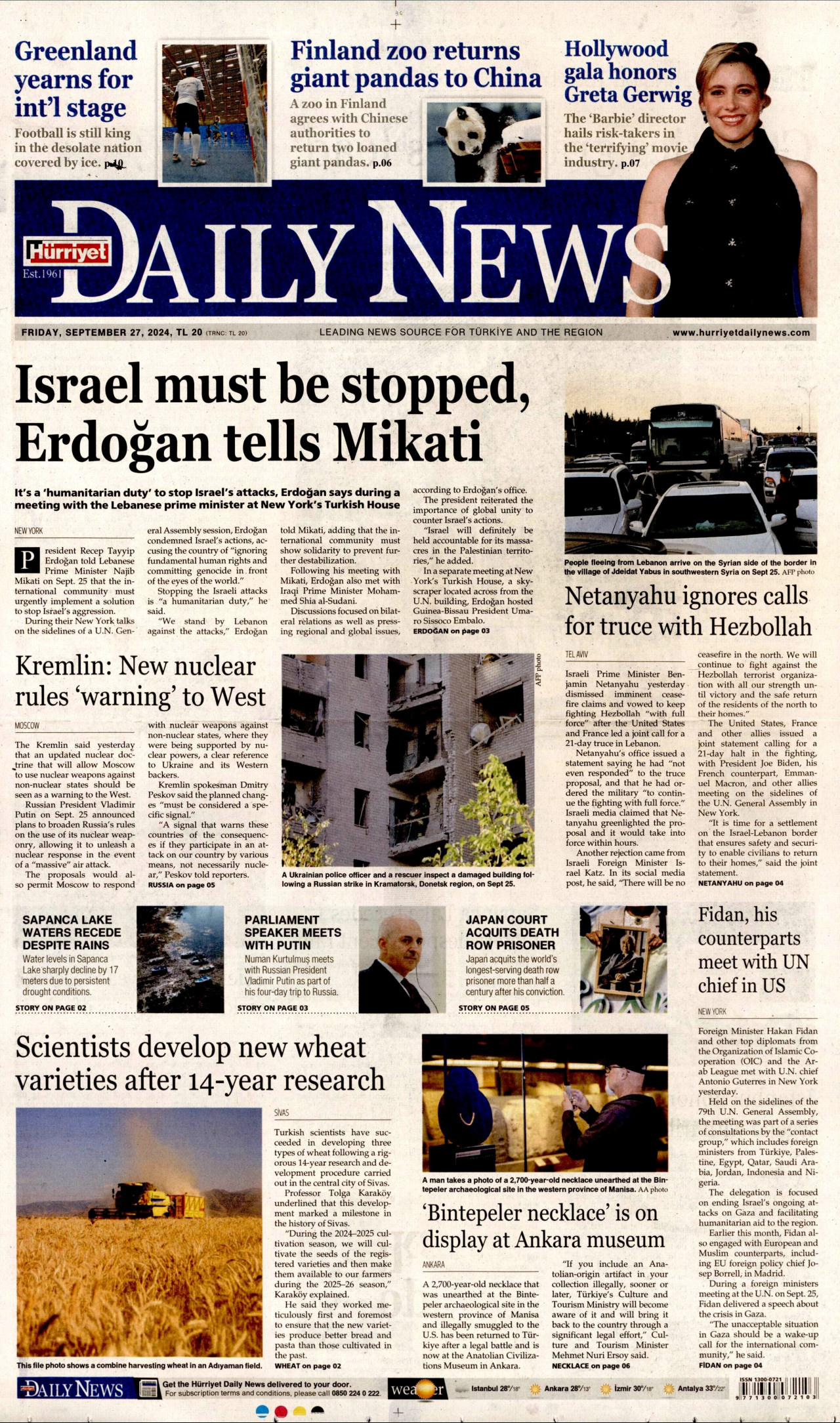 HÜRRİYET DAİLY NEWS gazetesinin 27 Eylül 2024 tarihli birinci sayfası