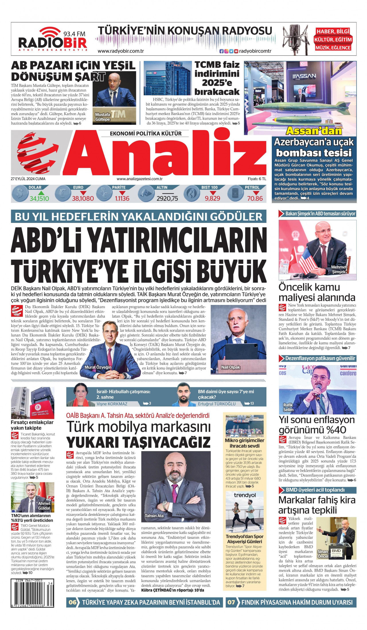ANALİZ gazetesinin 27 Eylül 2024 tarihli birinci sayfası