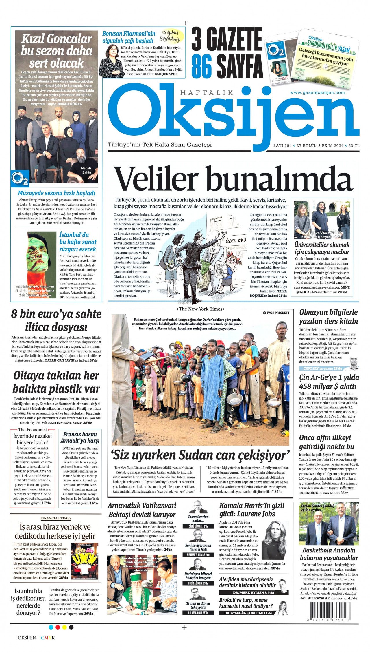 OKSİJEN gazetesinin 27 Eylül 2024 tarihli birinci sayfası