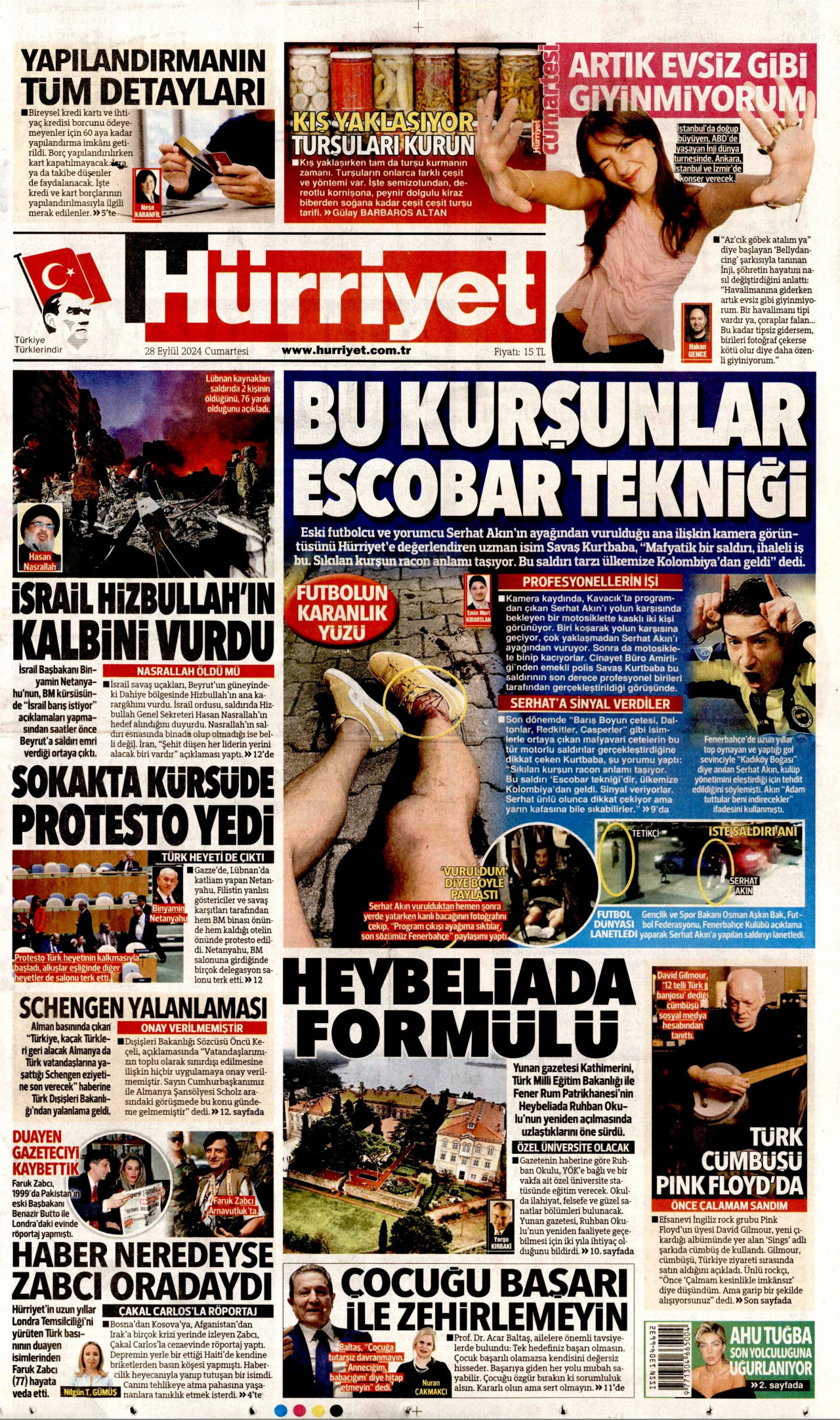 HÜRRİYET gazetesinin 28 Eylül 2024 tarihli birinci sayfası