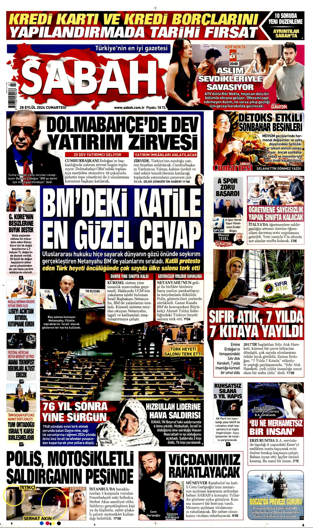 SABAH gazetesinin 28 Eylül 2024 tarihli birinci sayfası