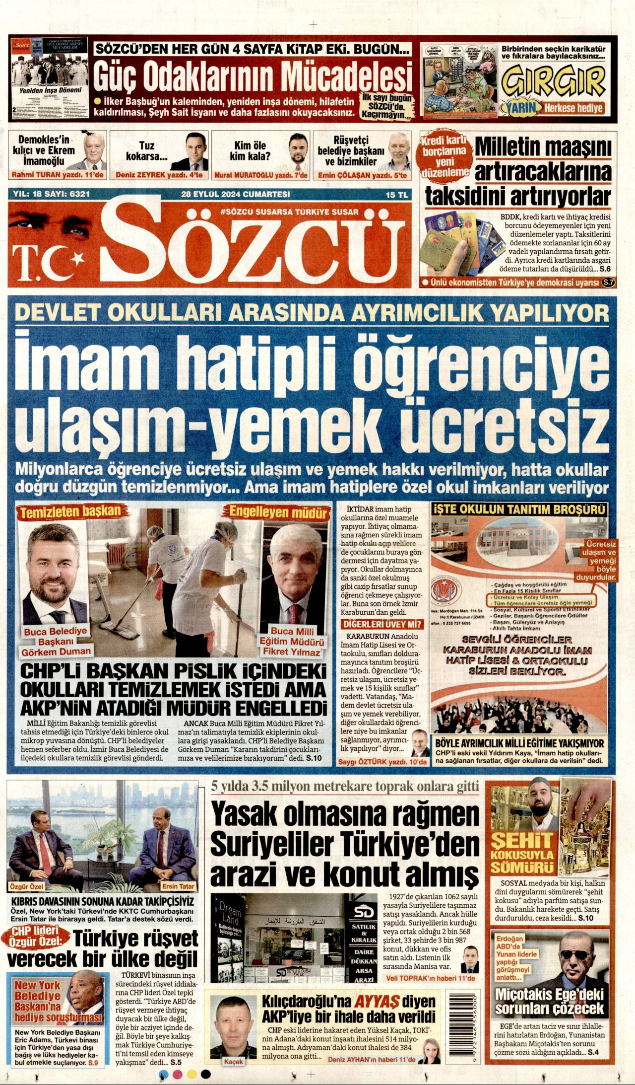 SÖZCÜ gazetesinin 28 Eylül 2024 tarihli birinci sayfası