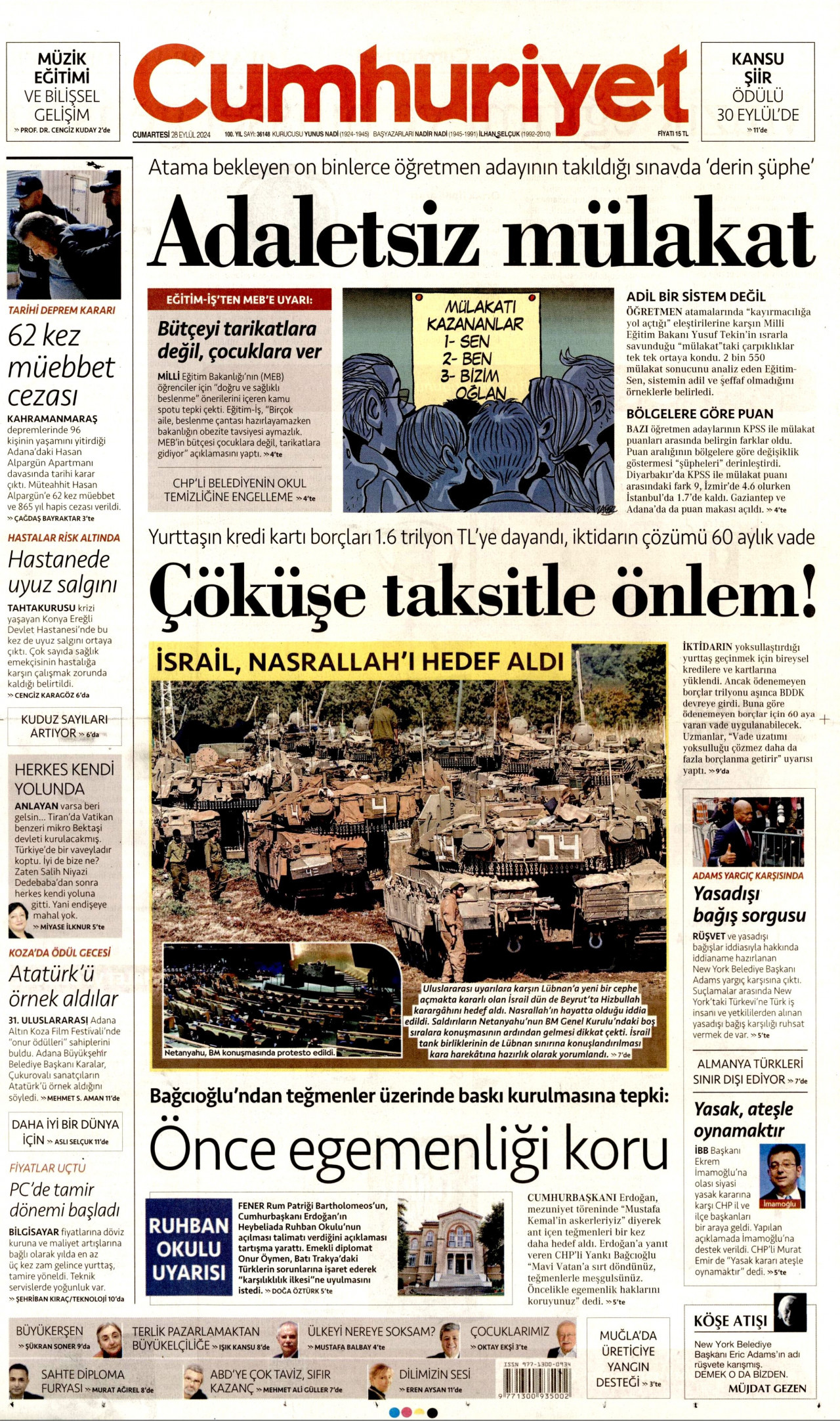CUMHURİYET gazetesinin 28 Eylül 2024 tarihli birinci sayfası