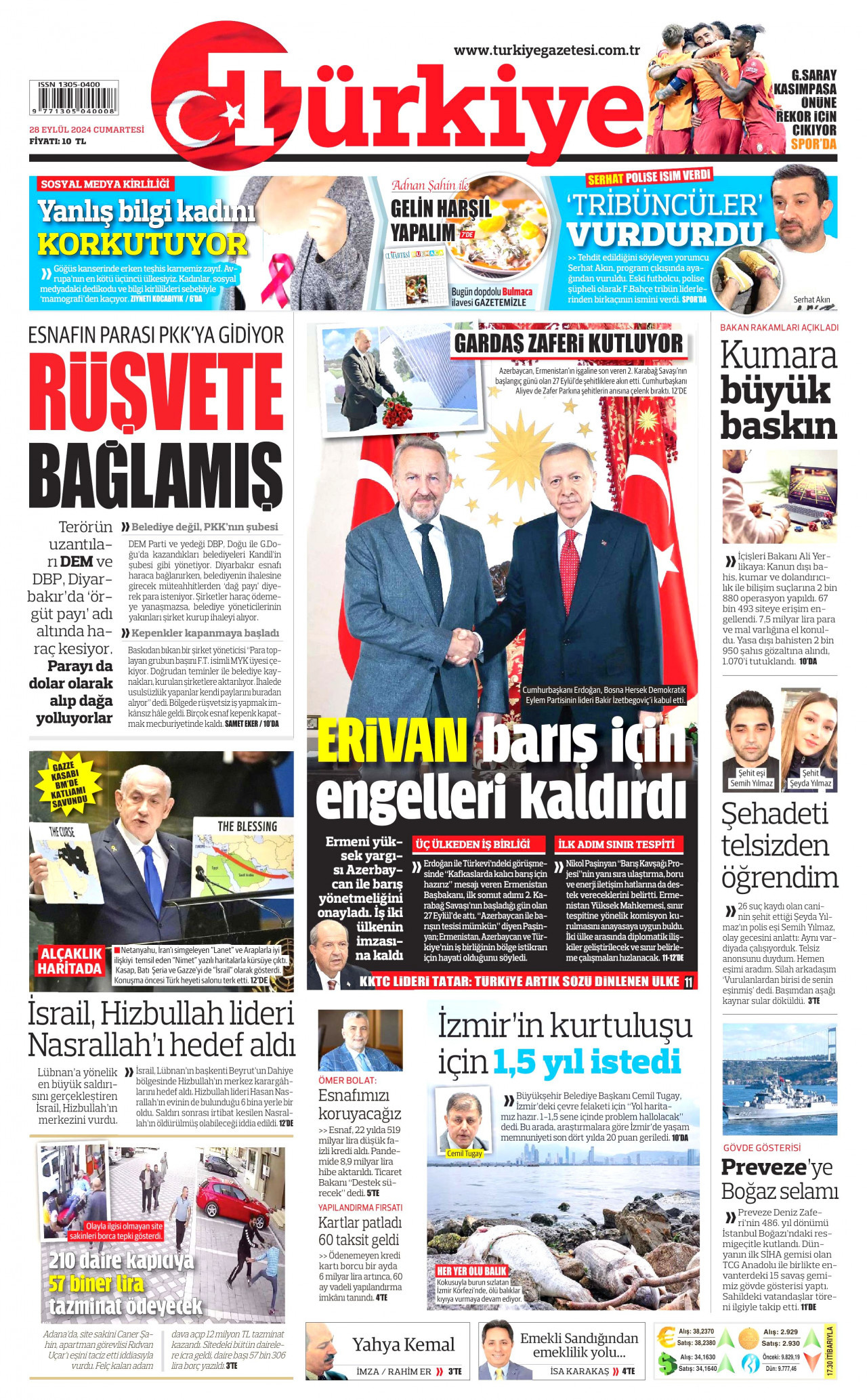 TÜRKİYE GAZETESİ gazetesinin 28 Eylül 2024 tarihli birinci sayfası