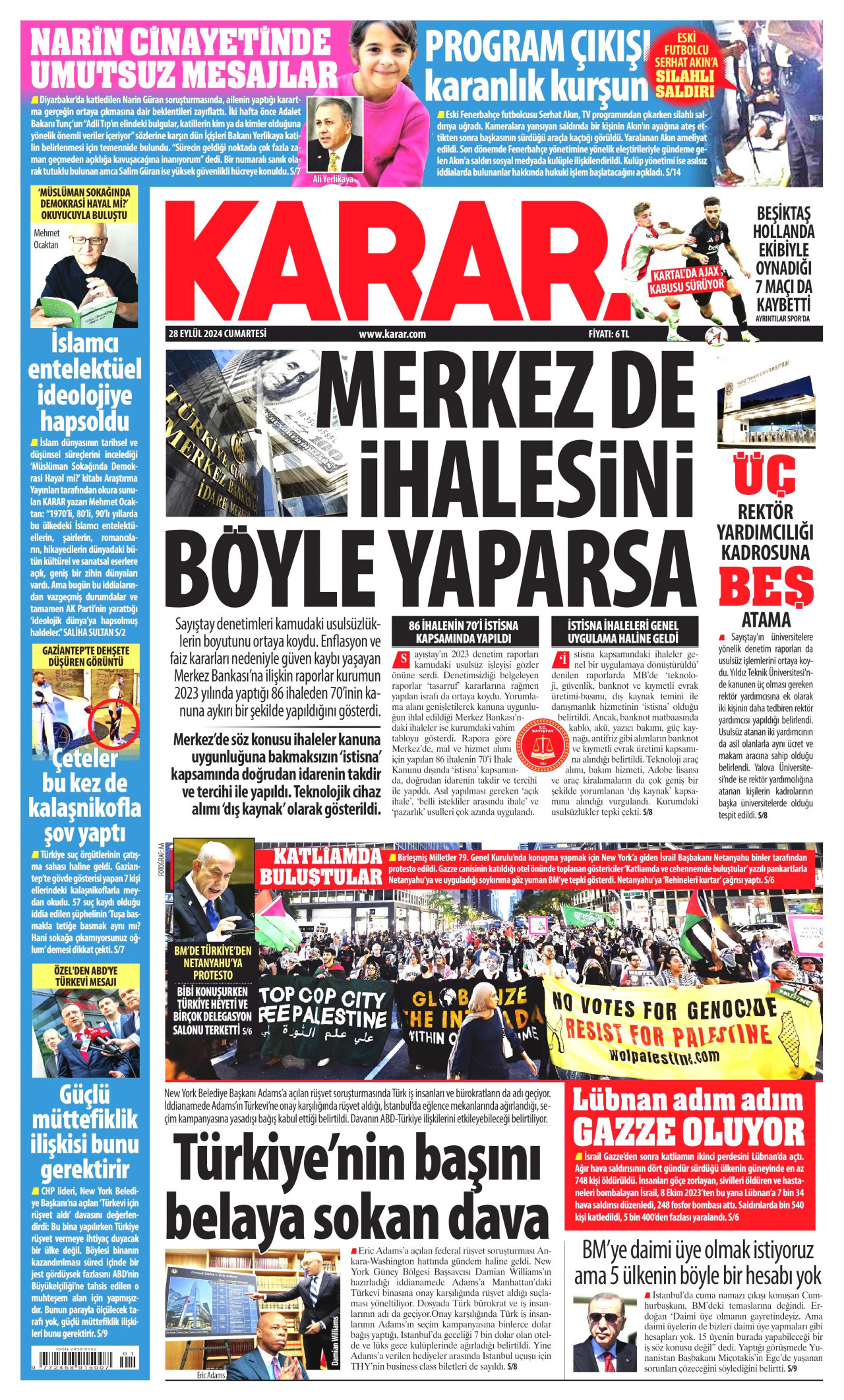 KARAR gazetesinin 28 Eylül 2024 tarihli birinci sayfası