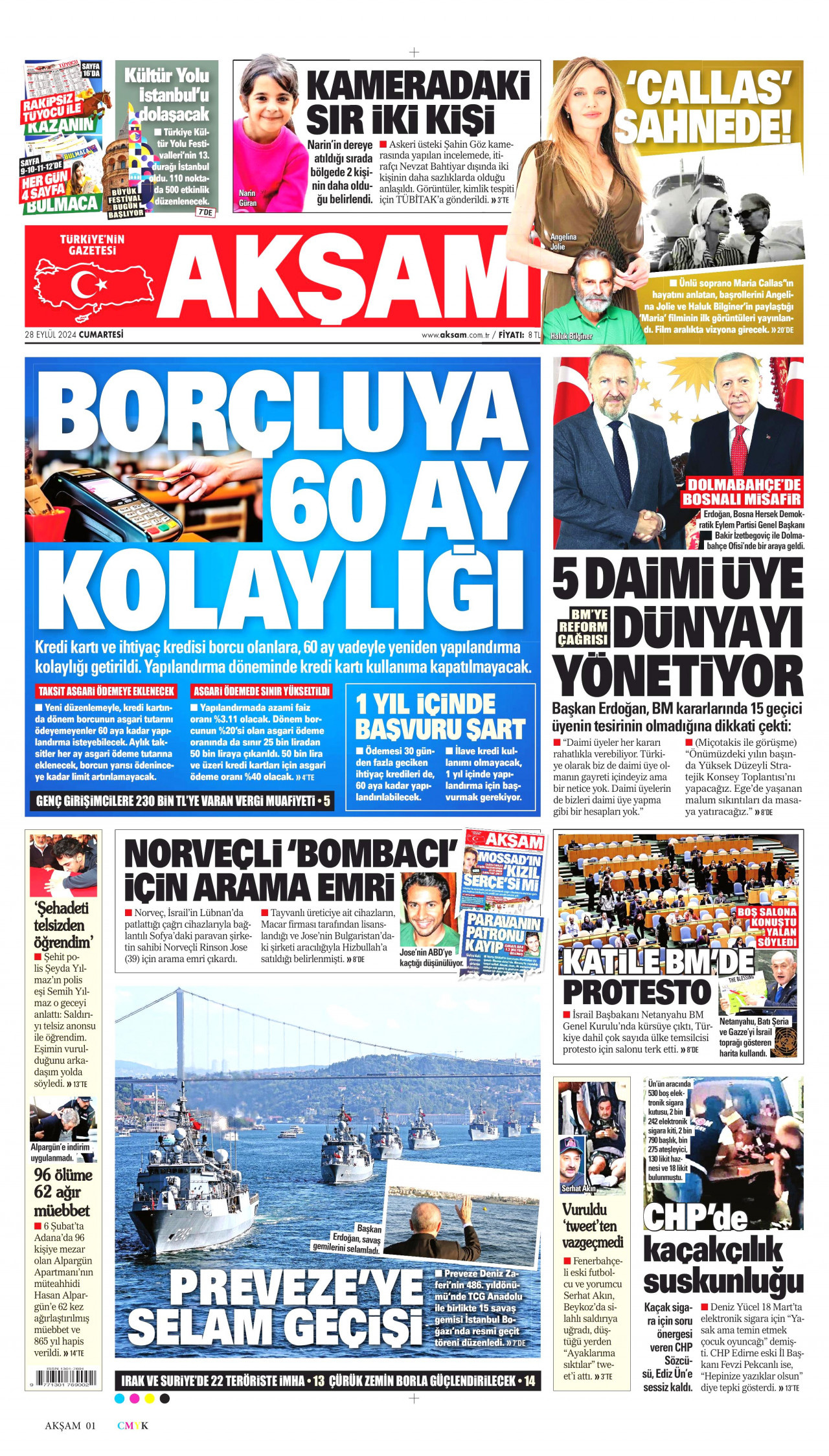 AKŞAM gazetesinin 28 Eylül 2024 tarihli birinci sayfası
