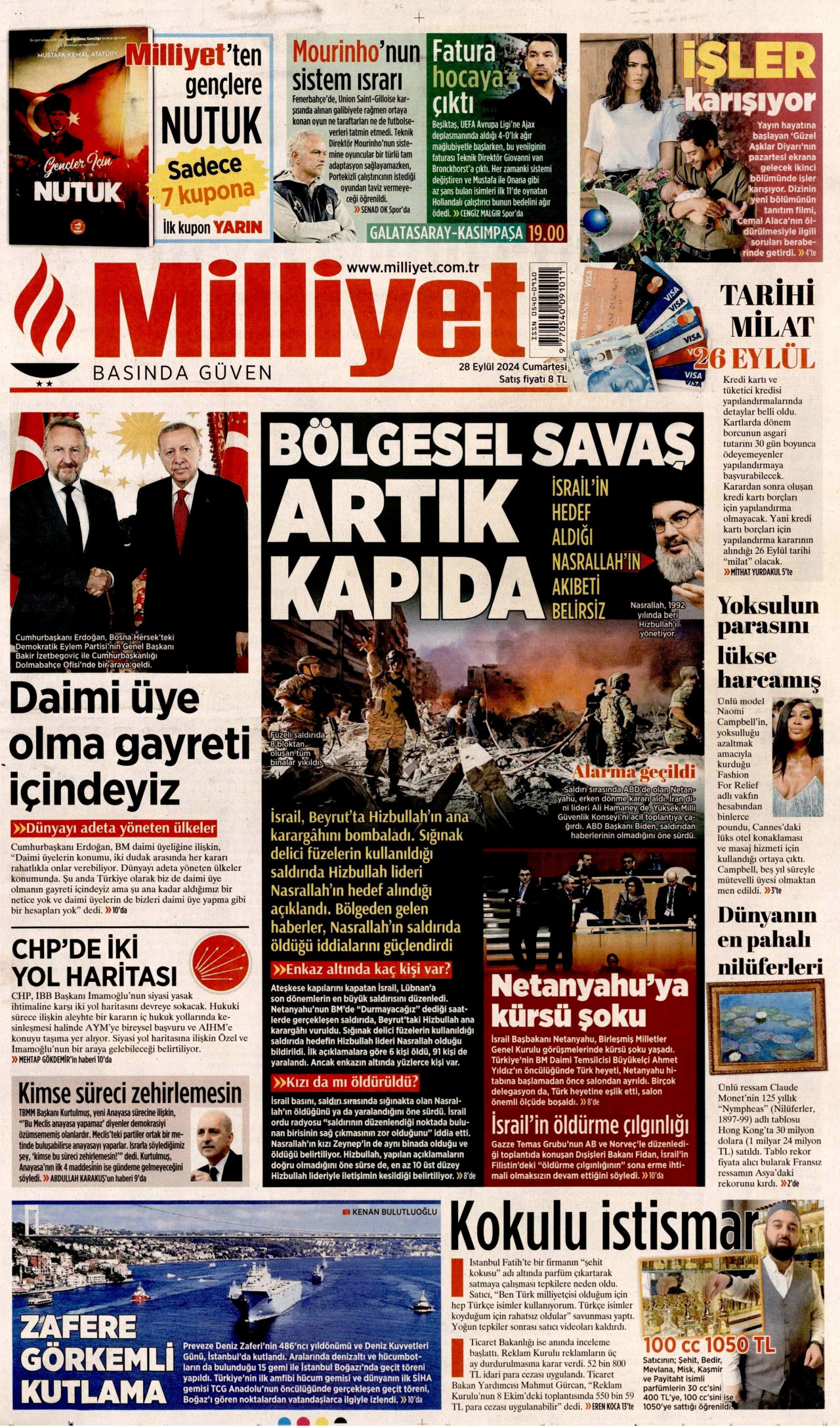 MİLLİYET gazetesinin 28 Eylül 2024 tarihli birinci sayfası