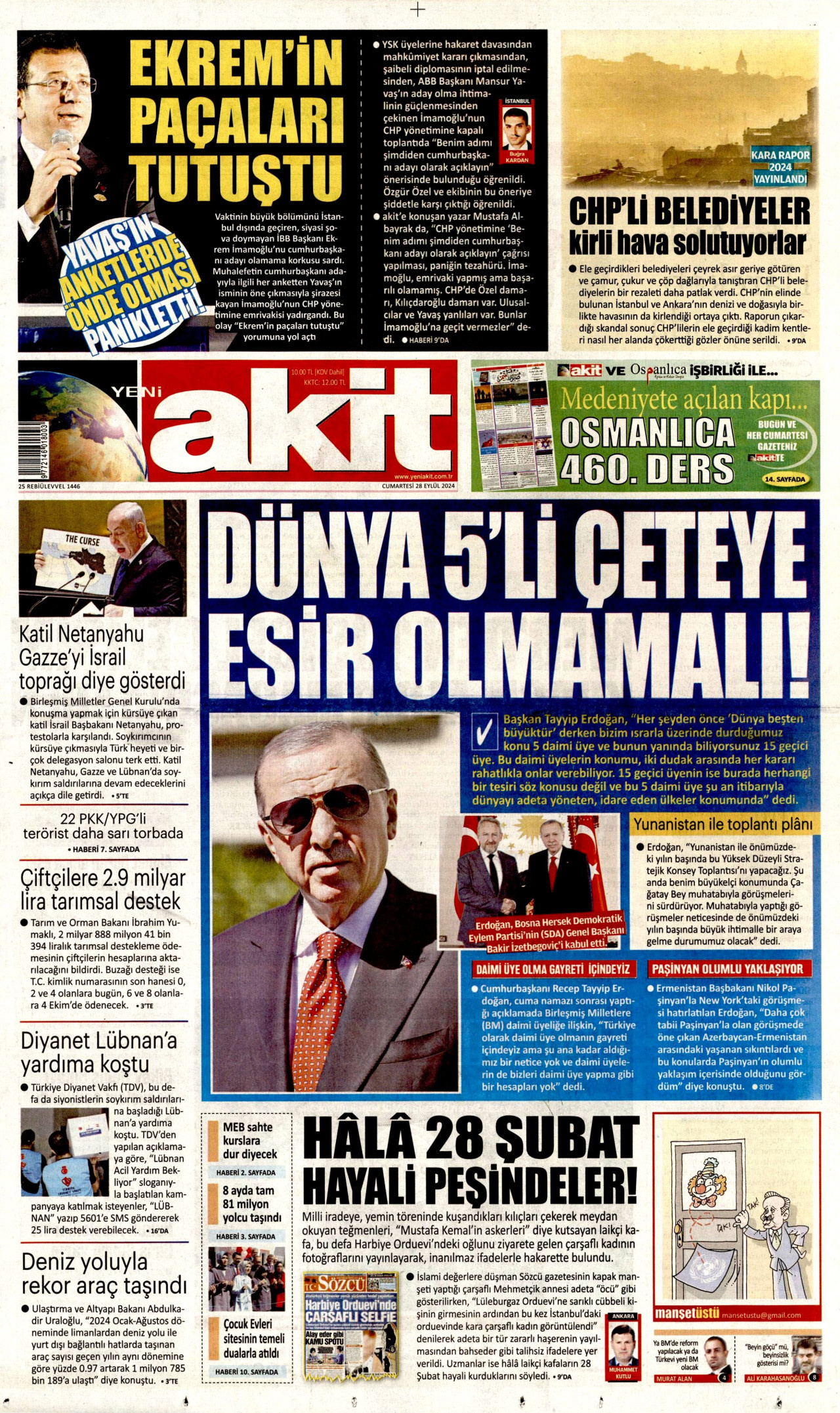 YENİ AKİT gazetesinin 28 Eylül 2024 tarihli birinci sayfası
