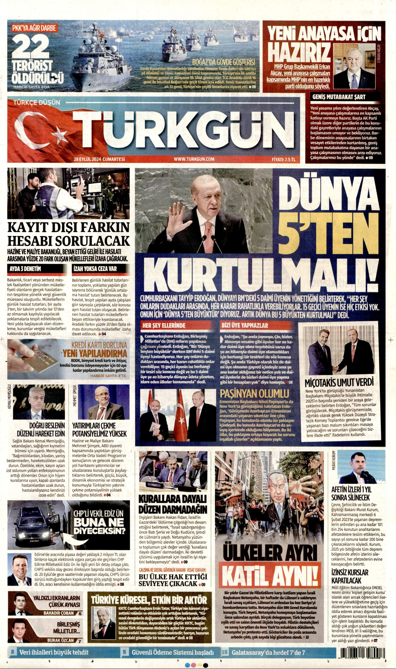 TÜRKGÜN gazetesinin 28 Eylül 2024 tarihli birinci sayfası