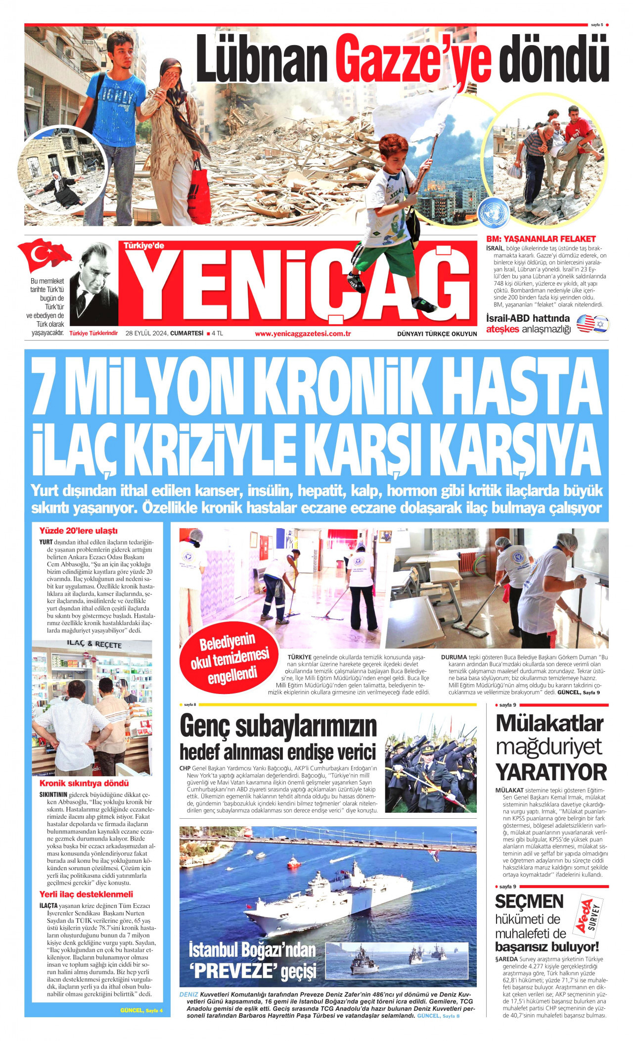 YENİÇAĞ gazetesinin 28 Eylül 2024 tarihli birinci sayfası