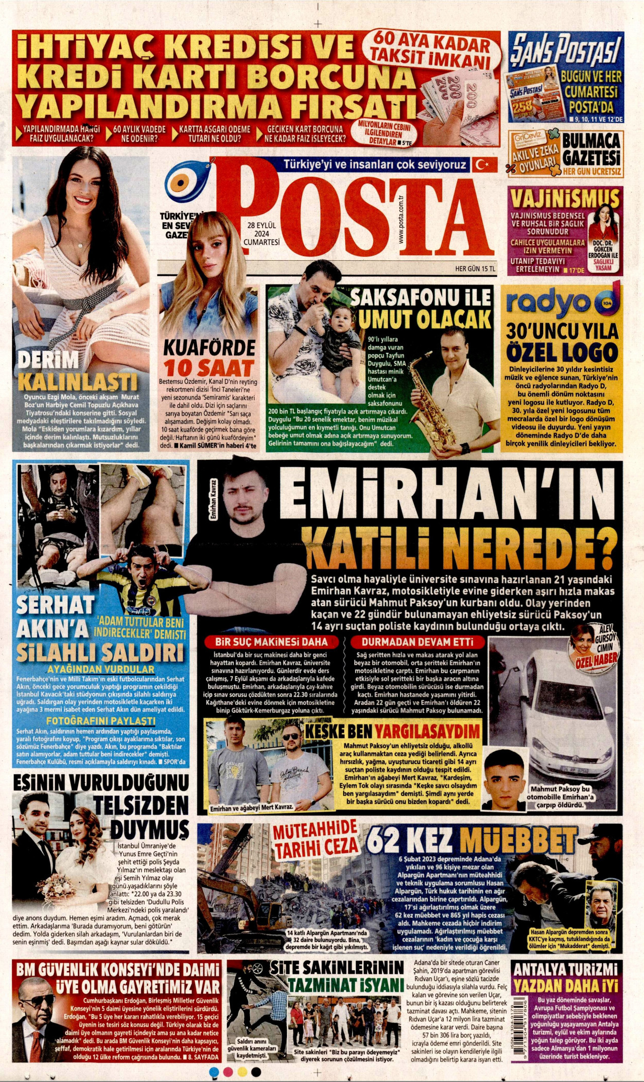 POSTA gazetesinin 28 Eylül 2024 tarihli birinci sayfası