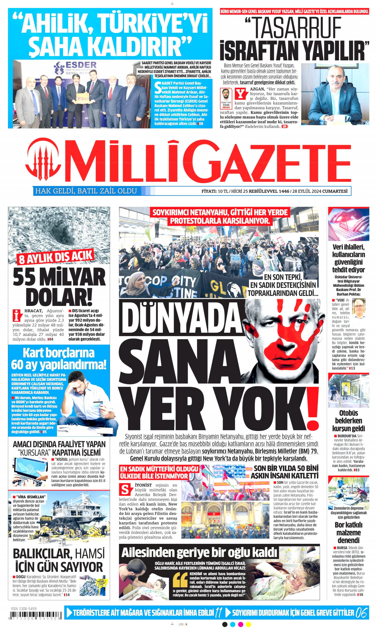 MİLLİ GAZETE gazetesinin 28 Eylül 2024 tarihli birinci sayfası