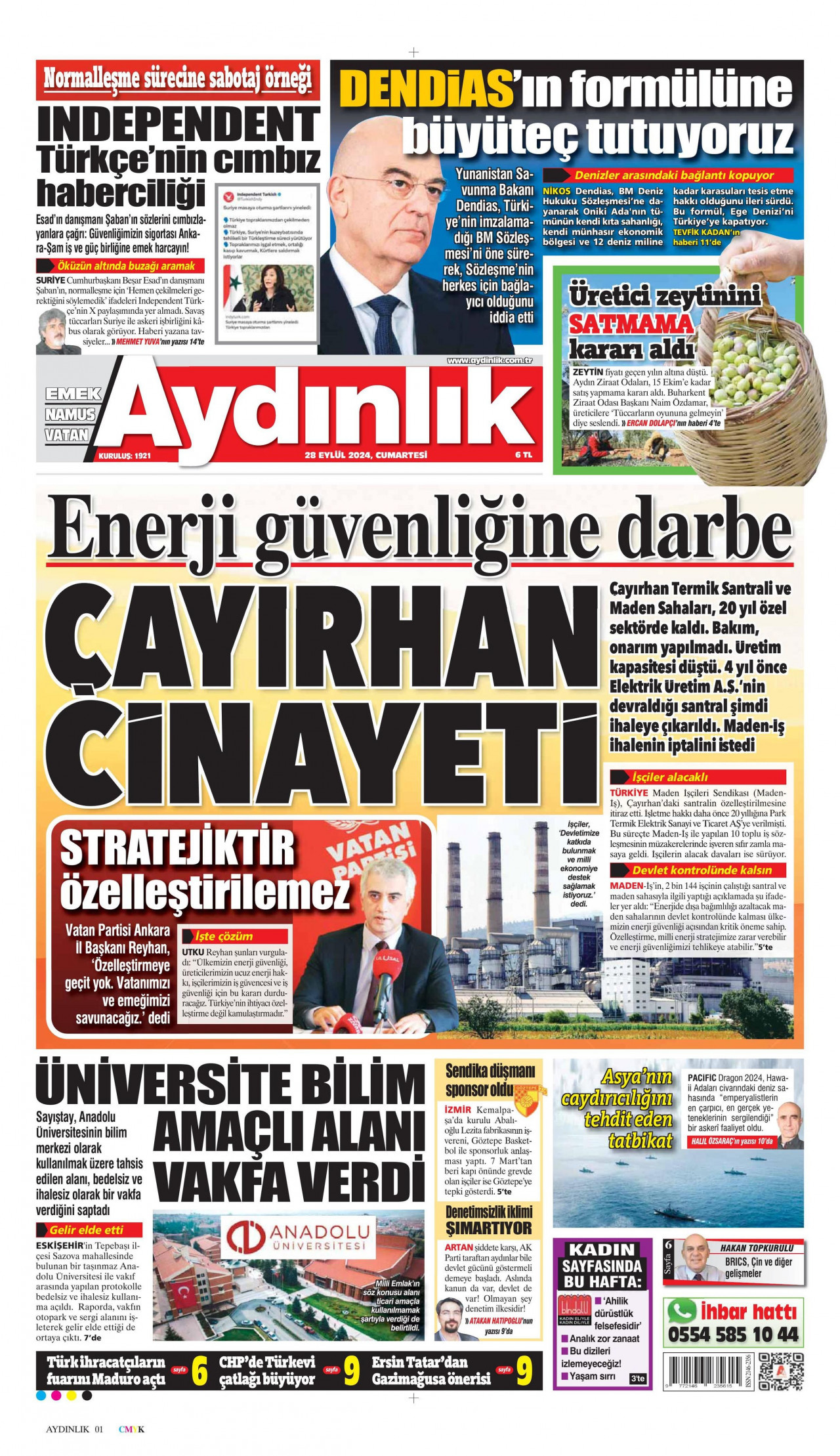 AYDINLIK GAZETESİ gazetesinin 28 Eylül 2024 tarihli birinci sayfası