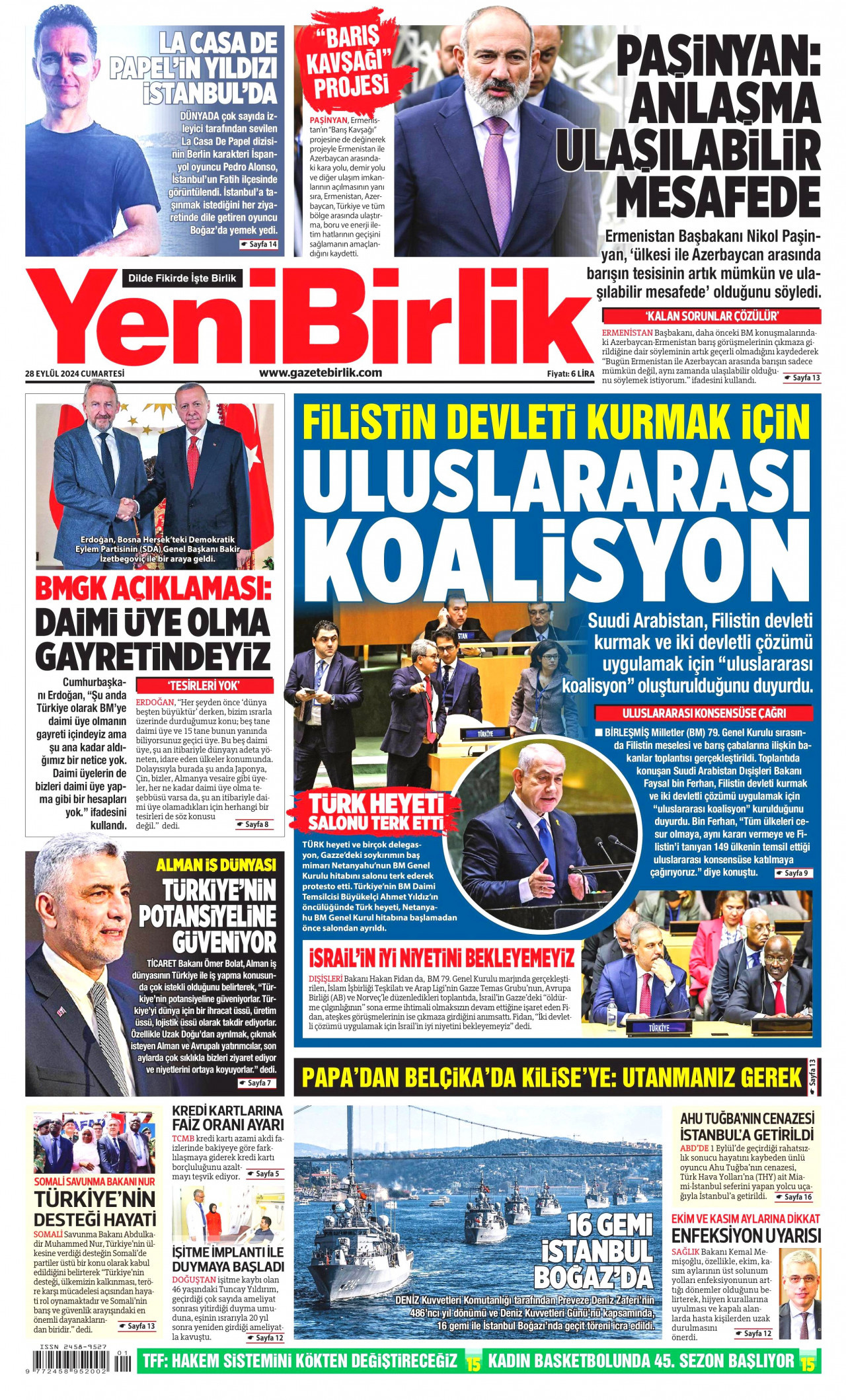 YENİBİRLİK gazetesinin 28 Eylül 2024 tarihli birinci sayfası