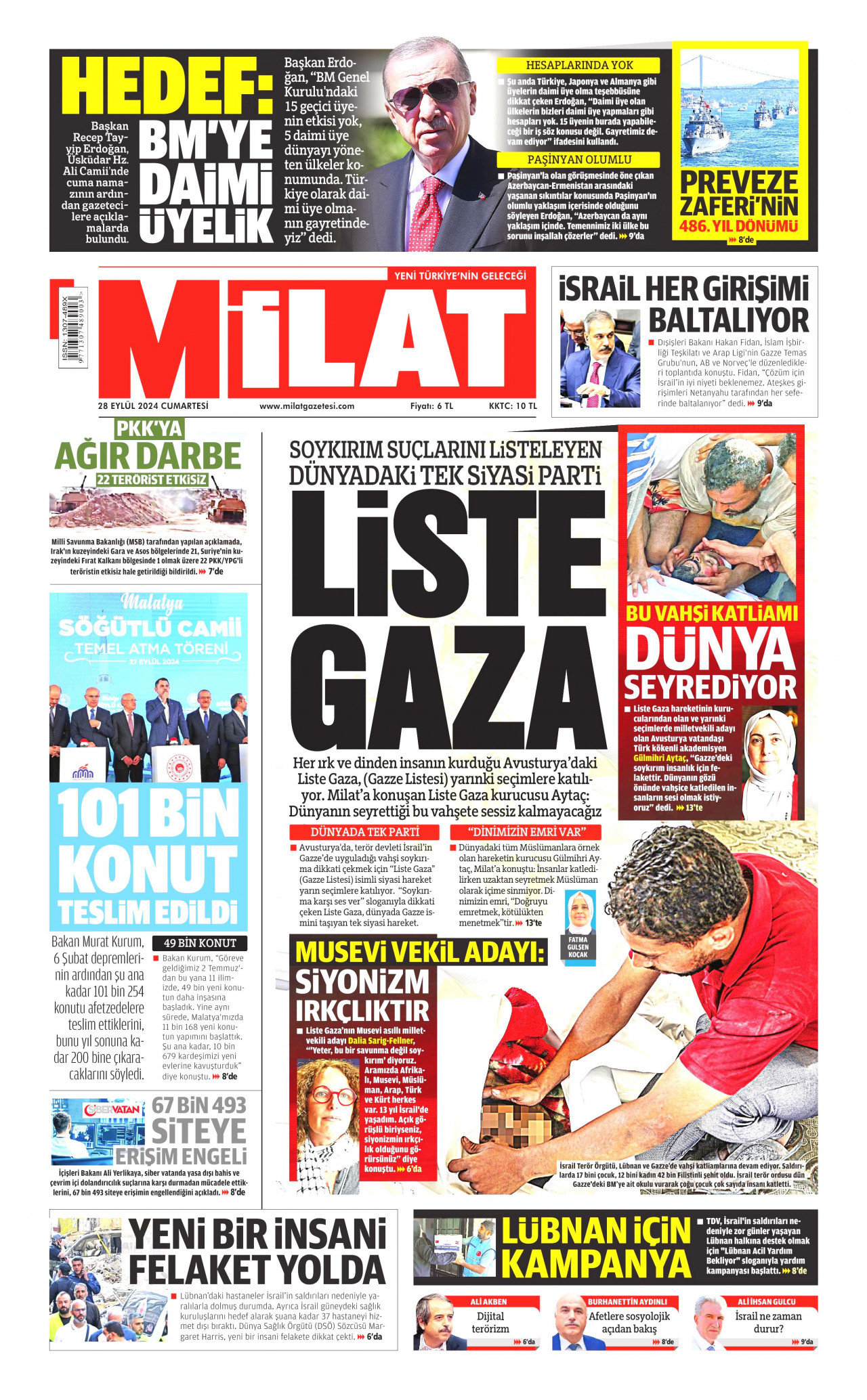 MİLAT gazetesinin 28 Eylül 2024 tarihli birinci sayfası