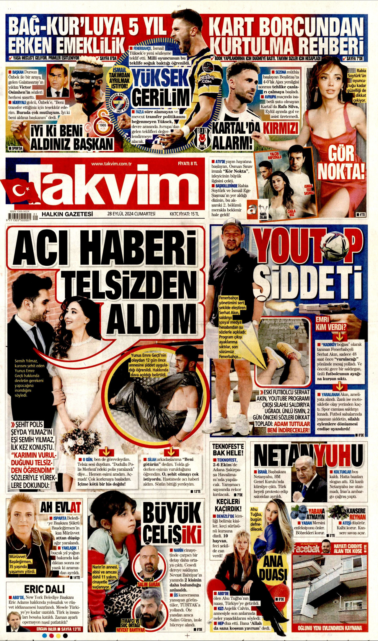TAKVİM gazetesinin 28 Eylül 2024 tarihli birinci sayfası