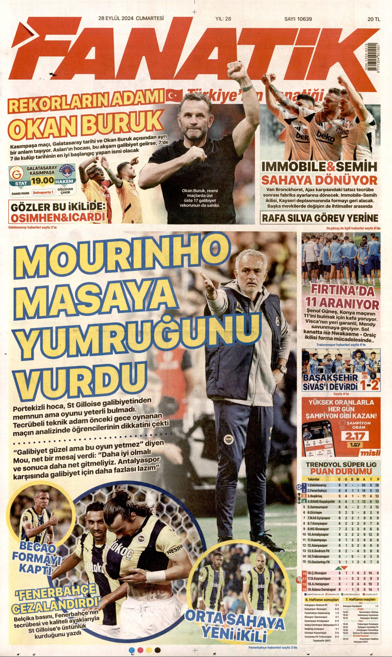 FANATİK gazetesinin 28 Eylül 2024 tarihli birinci sayfası