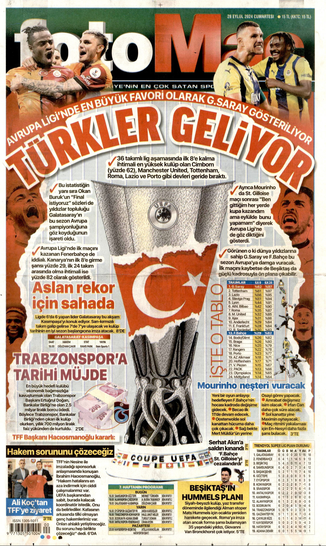 FOTOMAÇ gazetesinin 28 Eylül 2024 tarihli birinci sayfası