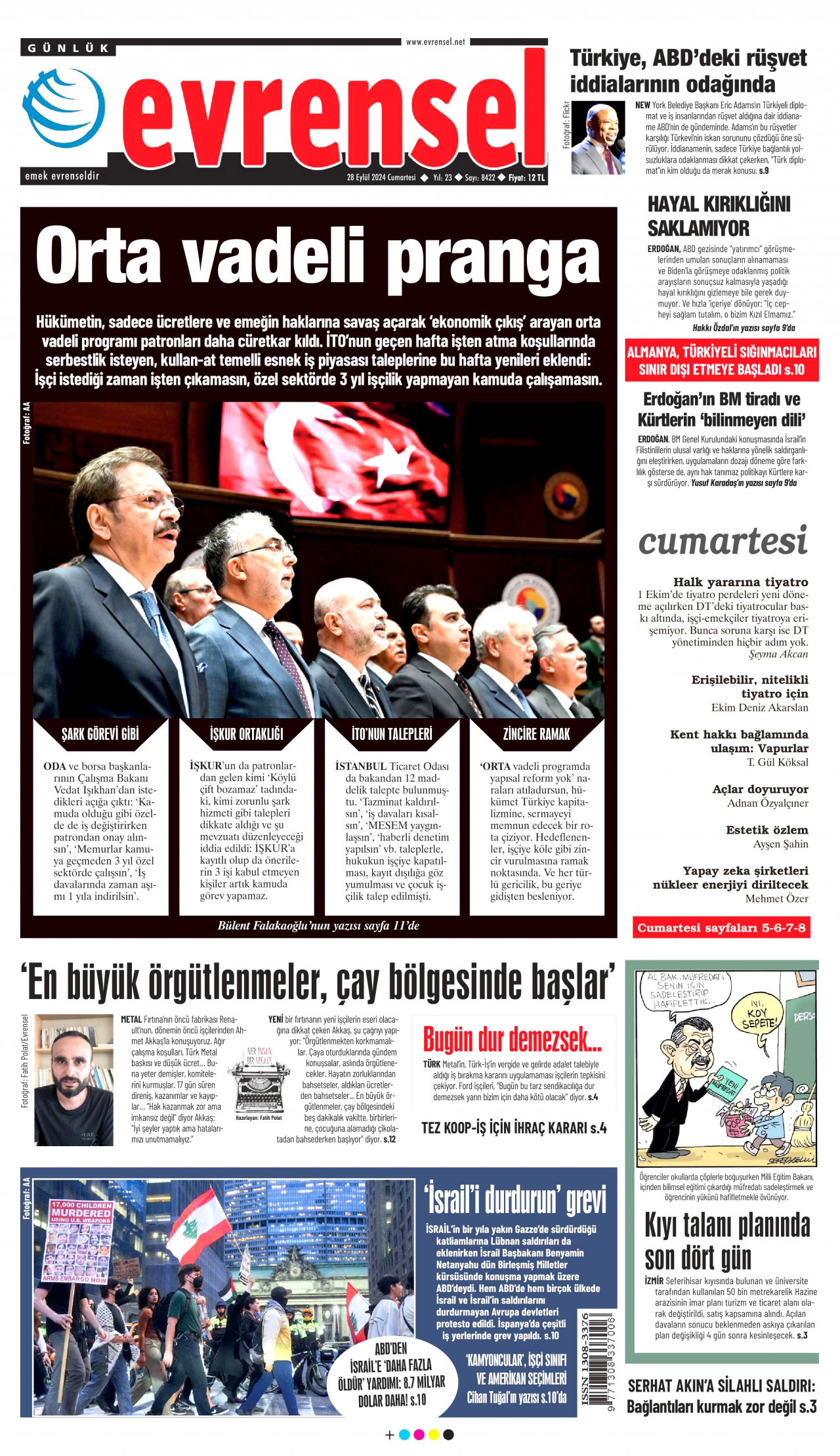 EVRENSEL gazetesinin 28 Eylül 2024 tarihli birinci sayfası