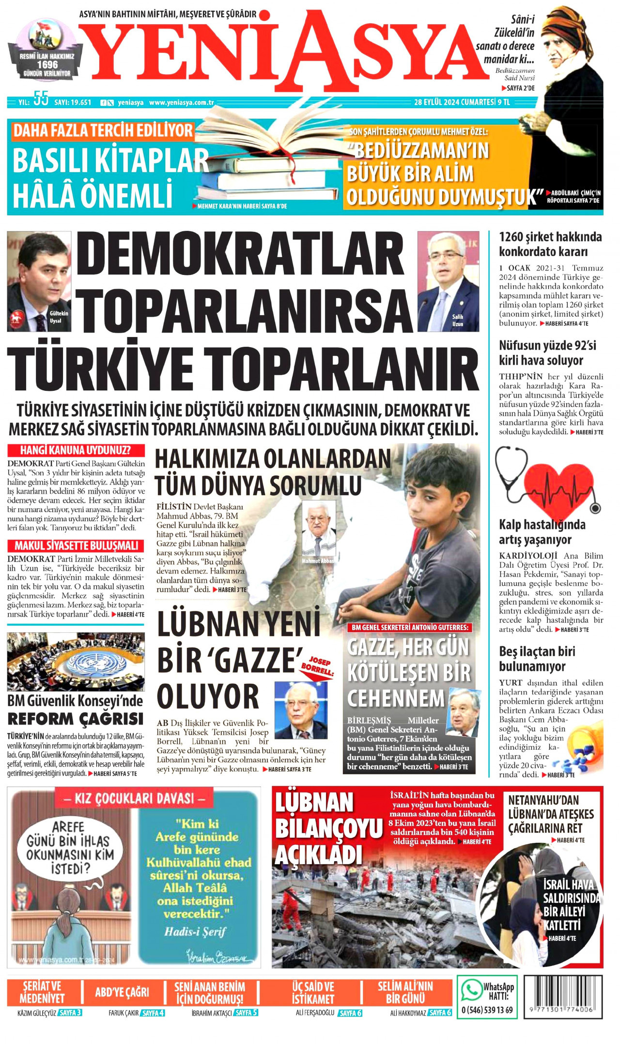 YENİ ASYA gazetesinin 28 Eylül 2024 tarihli birinci sayfası