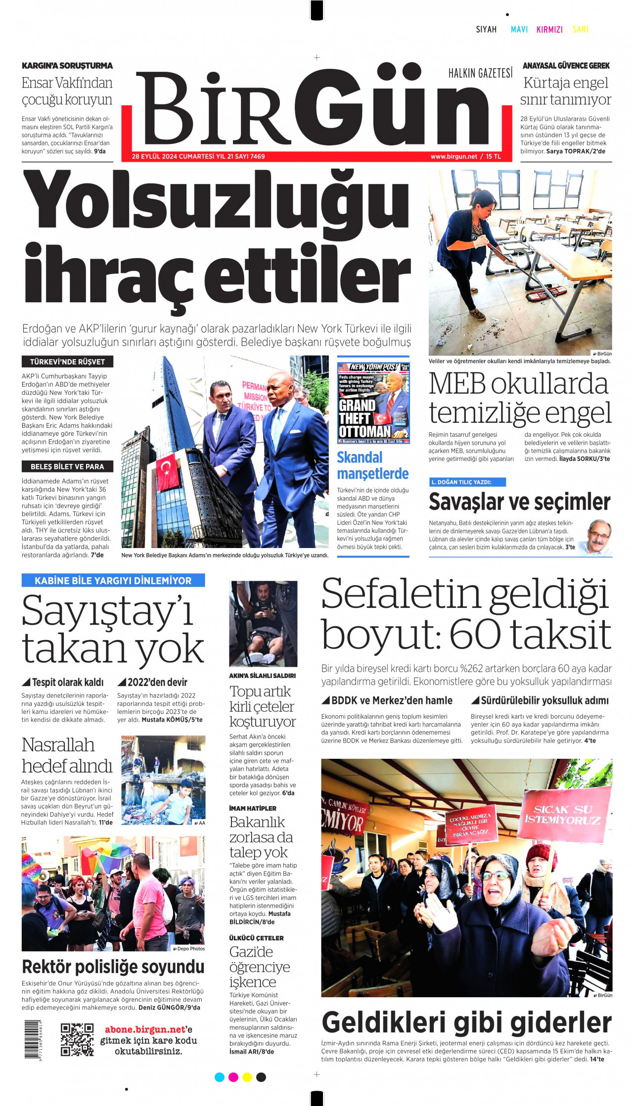 BİRGÜN gazetesinin 28 Eylül 2024 tarihli birinci sayfası