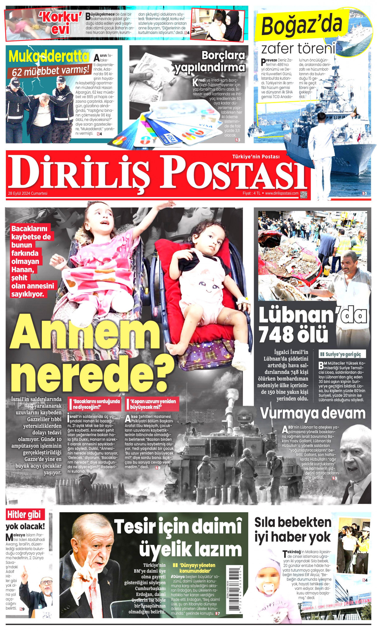 DİRİLİŞ POSTASI gazetesinin 28 Eylül 2024 tarihli birinci sayfası