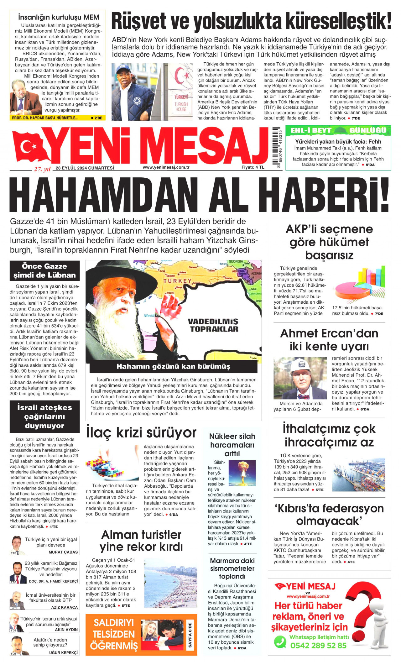 YENİ MESAJ gazetesinin 28 Eylül 2024 tarihli birinci sayfası