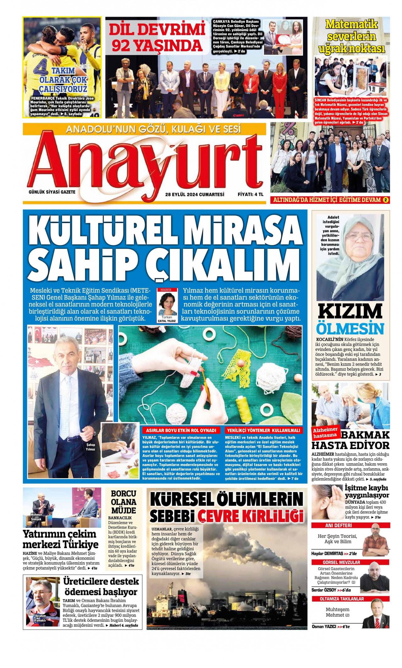 ANAYURT gazetesinin 28 Eylül 2024 tarihli birinci sayfası