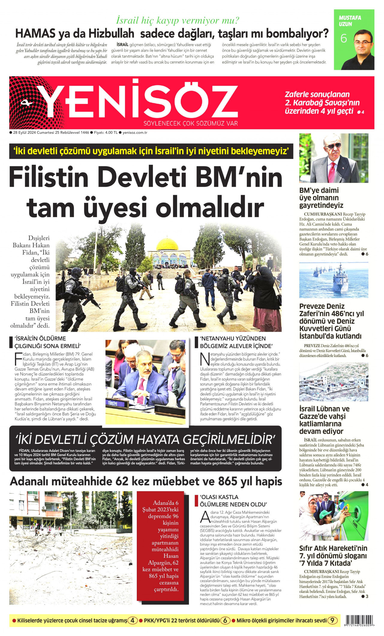 YENİ SÖZ GAZETESİ gazetesinin 28 Eylül 2024 tarihli birinci sayfası