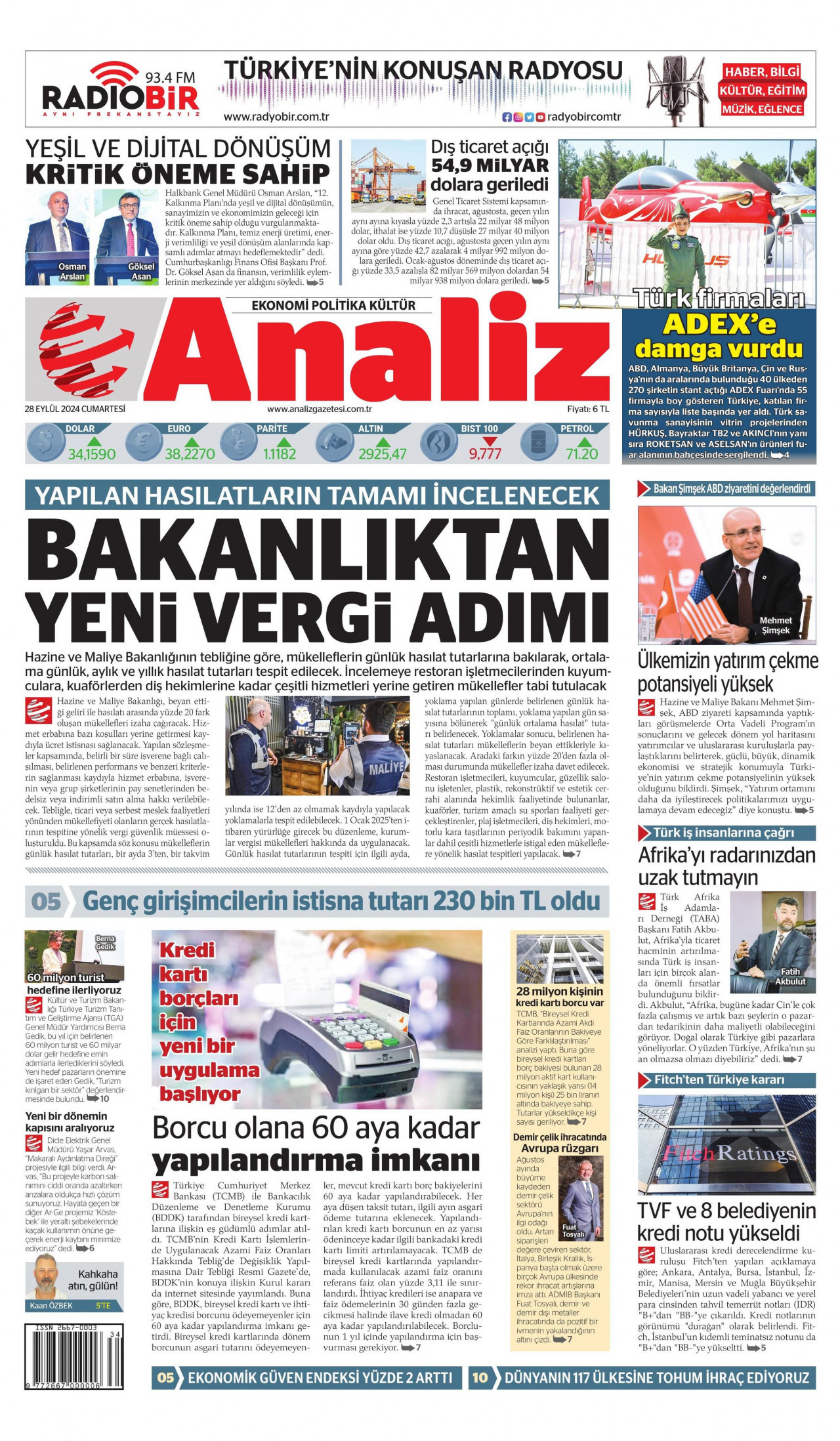 ANALİZ gazetesinin 28 Eylül 2024 tarihli birinci sayfası